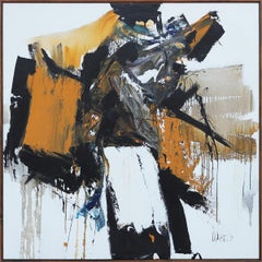 Large Square Yellow, Black, and White Abstract Expressionist Gestural Painting