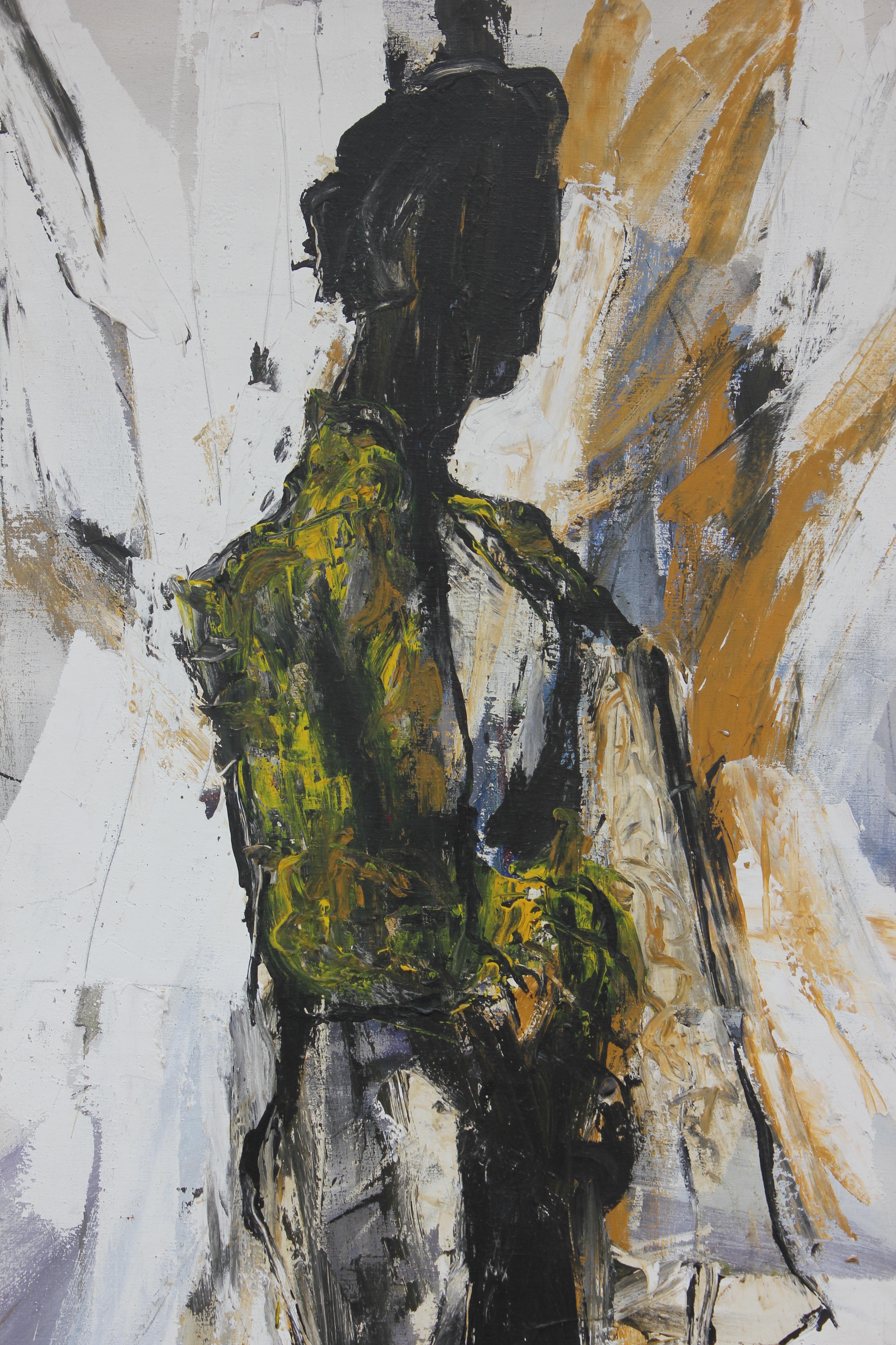 Large Yellow and Grey Gestural Tonal Abstract Expressionist Portrait - Painting by Gino Hollander