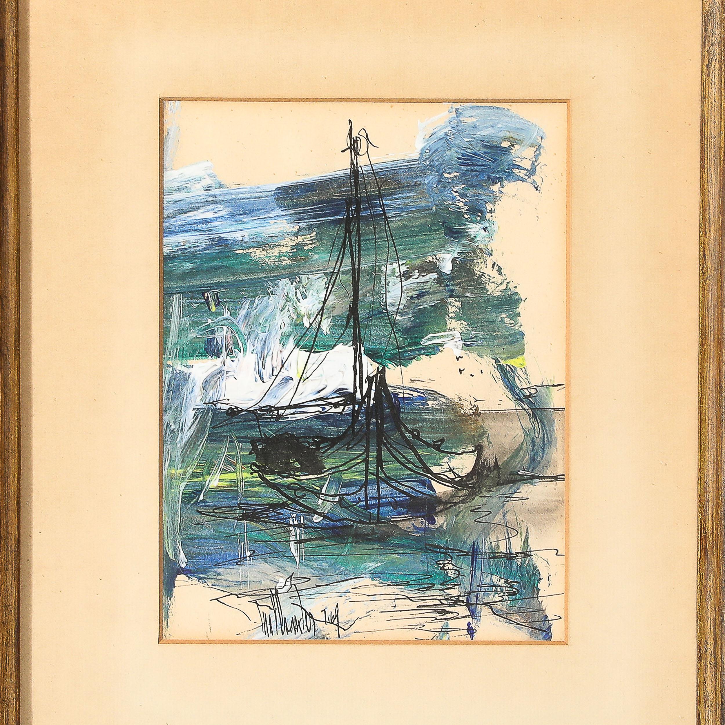 Abstraktes Gemälde eines Segelbootes aus Tinte und Acryl von Gino Hollander aus der Mitte des Jahrhunderts im Angebot 2