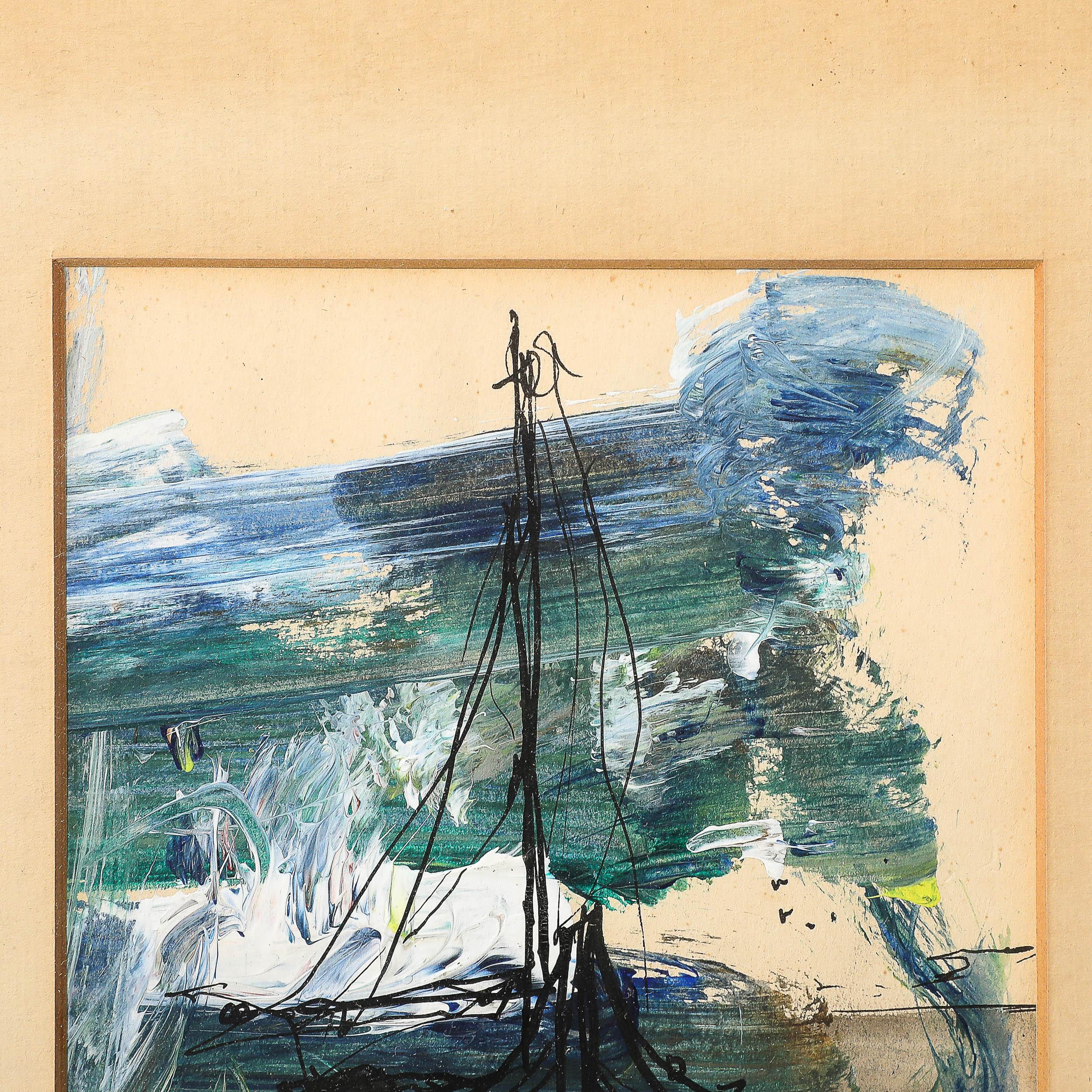 Abstraktes Gemälde eines Segelbootes aus Tinte und Acryl von Gino Hollander aus der Mitte des Jahrhunderts im Angebot 4