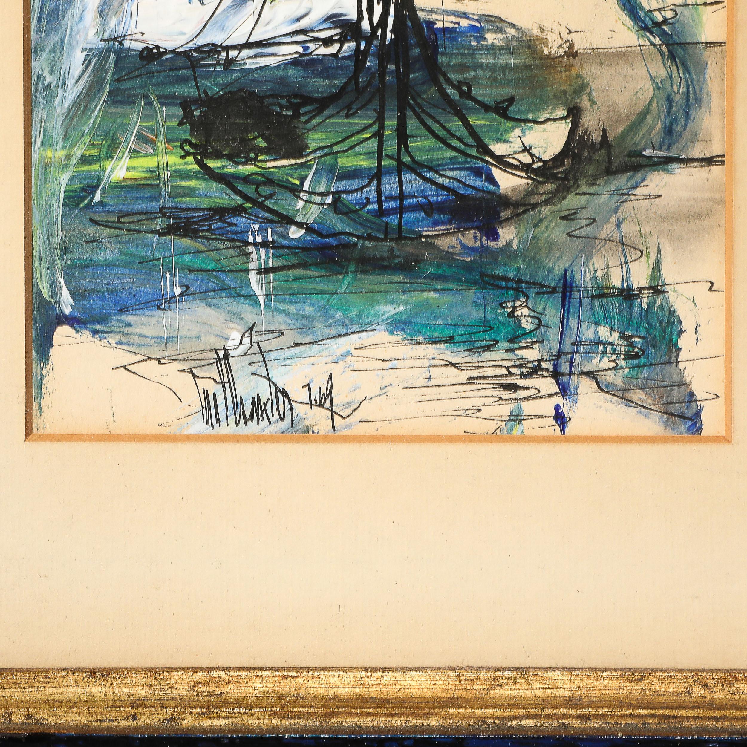 Abstraktes Gemälde eines Segelbootes aus Tinte und Acryl von Gino Hollander aus der Mitte des Jahrhunderts im Angebot 5