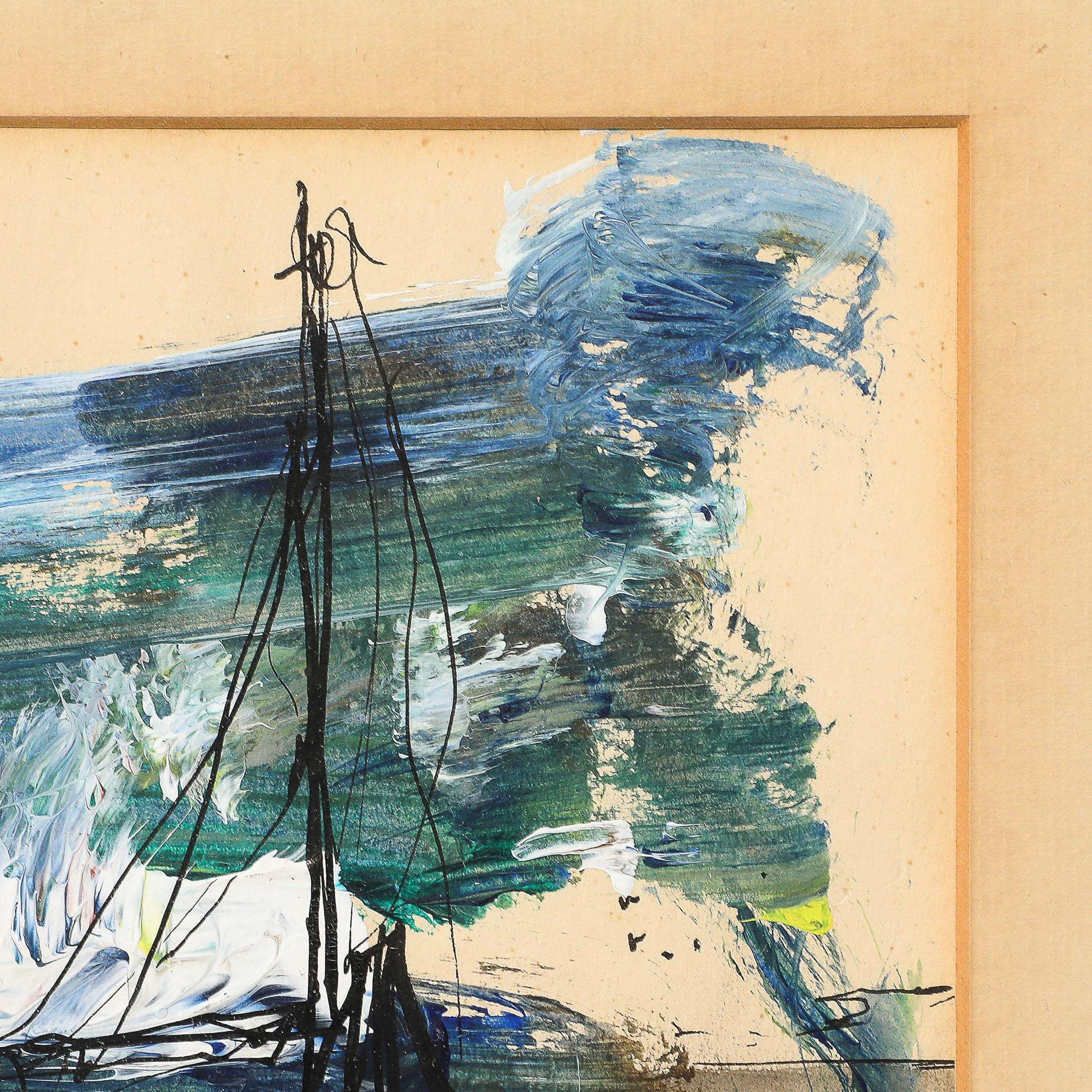 Abstraktes Gemälde eines Segelbootes aus Tinte und Acryl von Gino Hollander aus der Mitte des Jahrhunderts im Angebot 6