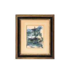 Quadro astratto a inchiostro e acrilico di metà secolo con barca a vela di Gino Hollander