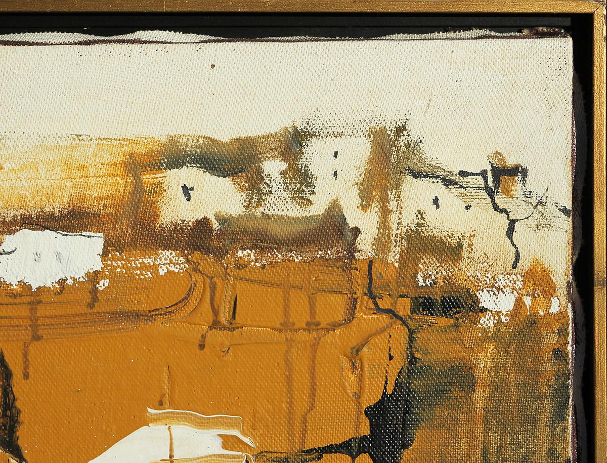 Yellow, Black, & Orange Abstract Expressionist Geometric City Landscape Painting - Beige Abstract Painting by Gino Hollander