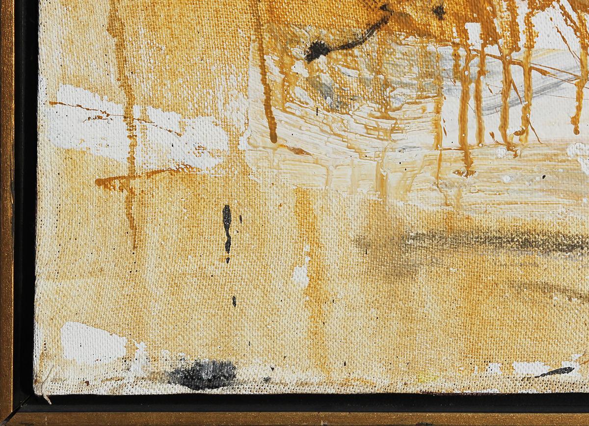 Yellow, black, and orange landscape painting by abstract expressionist artist Gino Hollander. The work features gestural brushwork forming loose windows and rooftops. Signed and dated in the front lower right corner. Currently hung in a dark brown