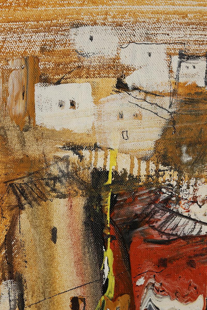 Yellow, Black, & Orange Abstract Expressionist Geometric City Landscape Painting 3