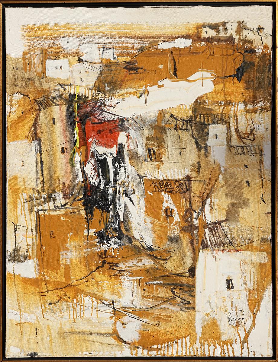 Gino Hollander Abstract Painting - Yellow, Black, & Orange Abstract Expressionist Geometric City Landscape Painting