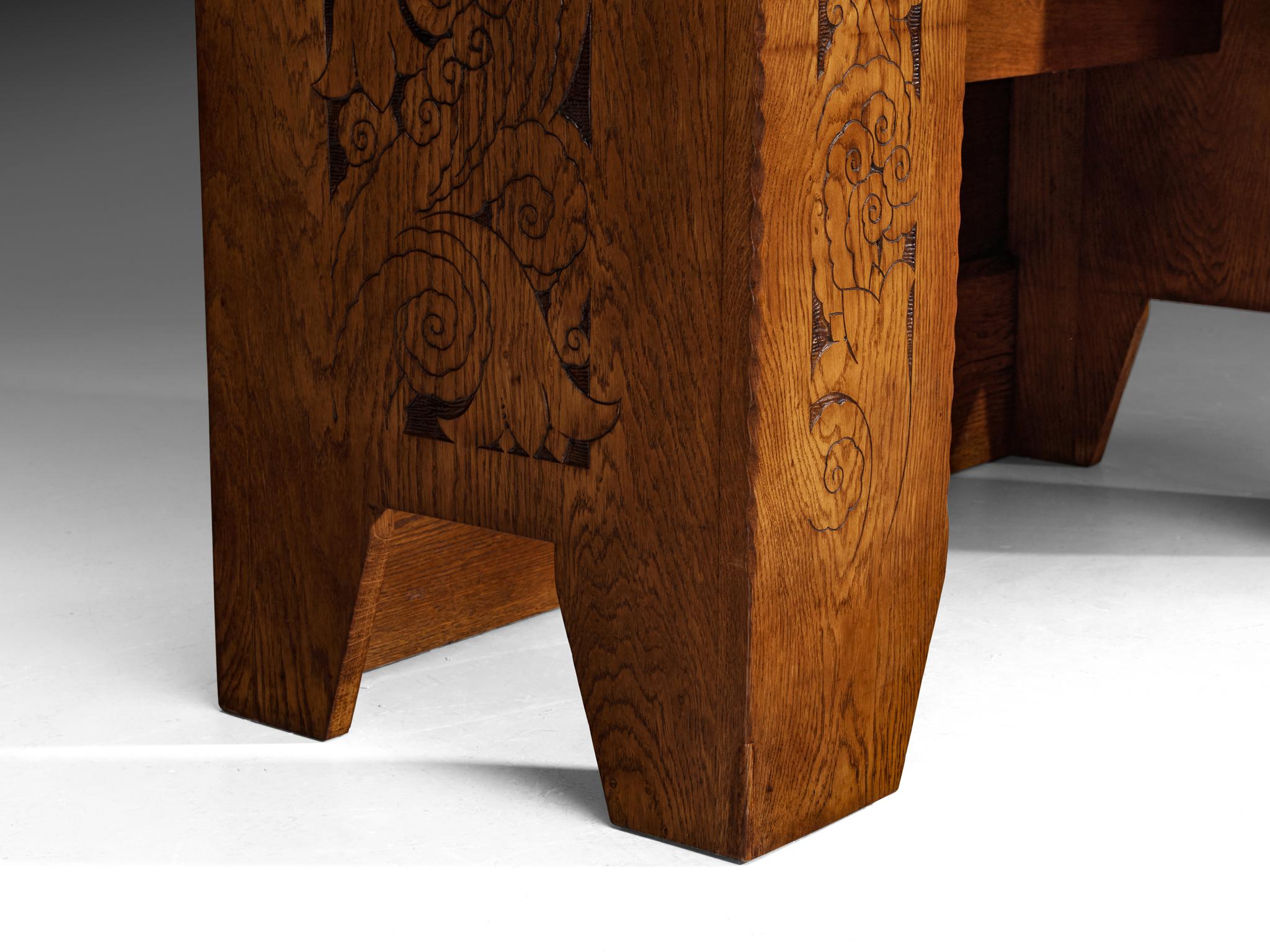 Iron Gino Maggioni for Atelier di Varedo 1920s Vanity Table in Carved Oak For Sale