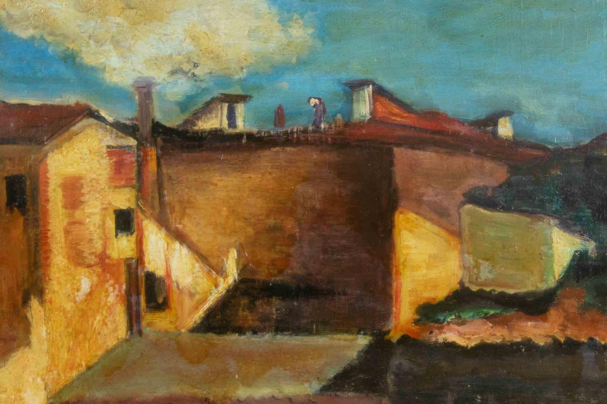 Landscape with Houses - Painting by Gino Marzani - mid-20th century For Sale 1