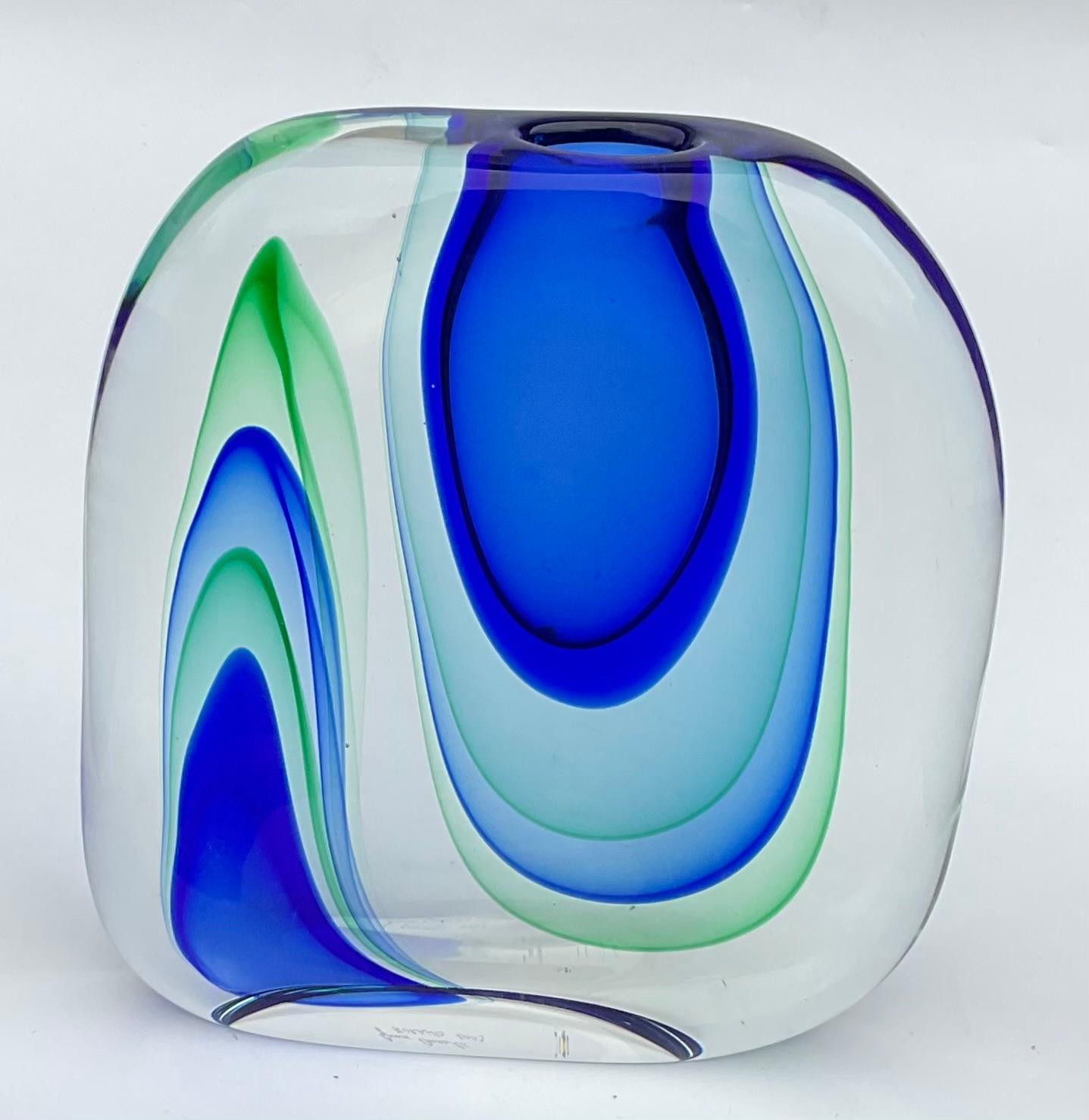 Contemporary Gino Onesto AMAZING Sommerso Sasso Murano art glass vase in blue and green 