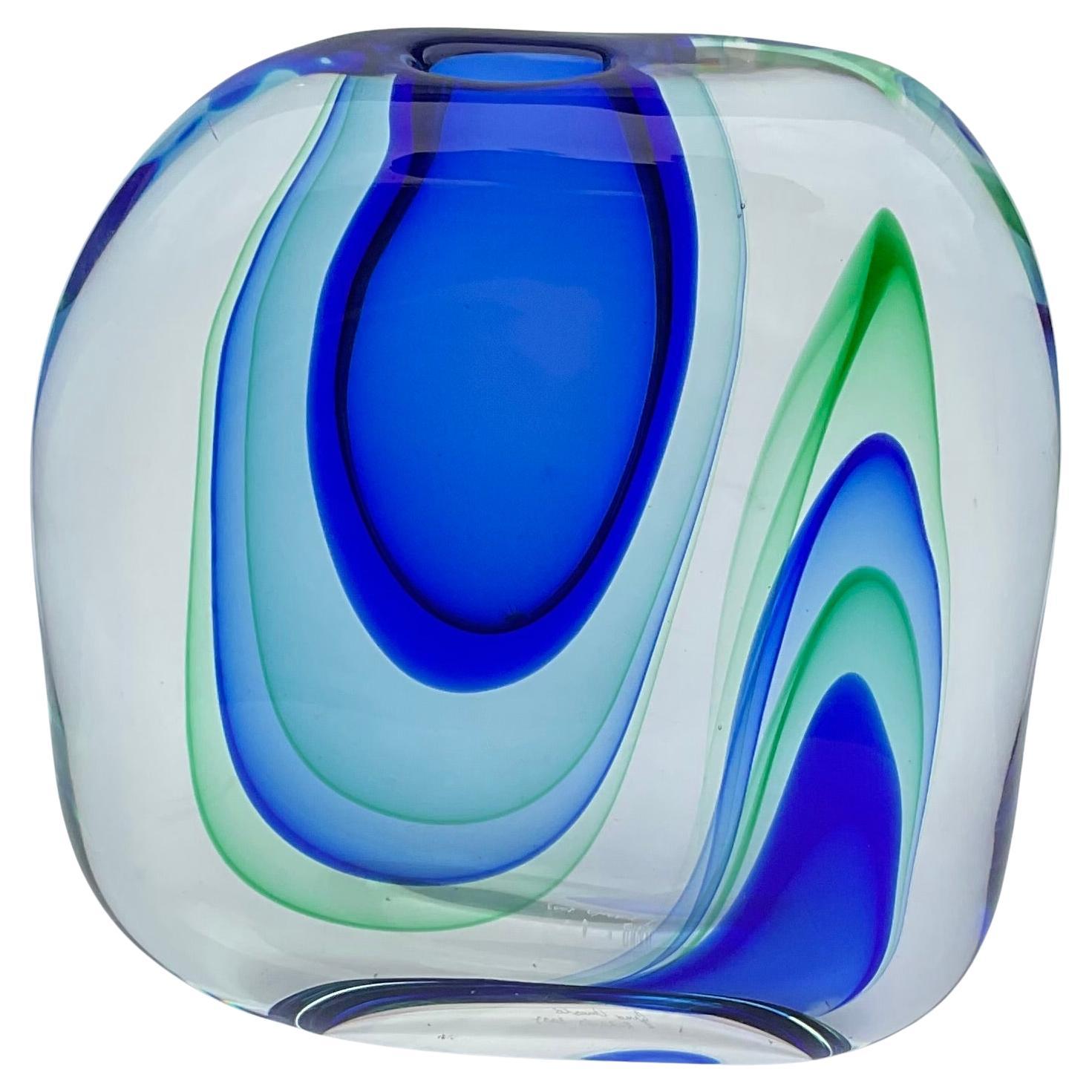 Gino Onesto AMAZING Sommerso Sasso Murano art glass vase in blue and green 