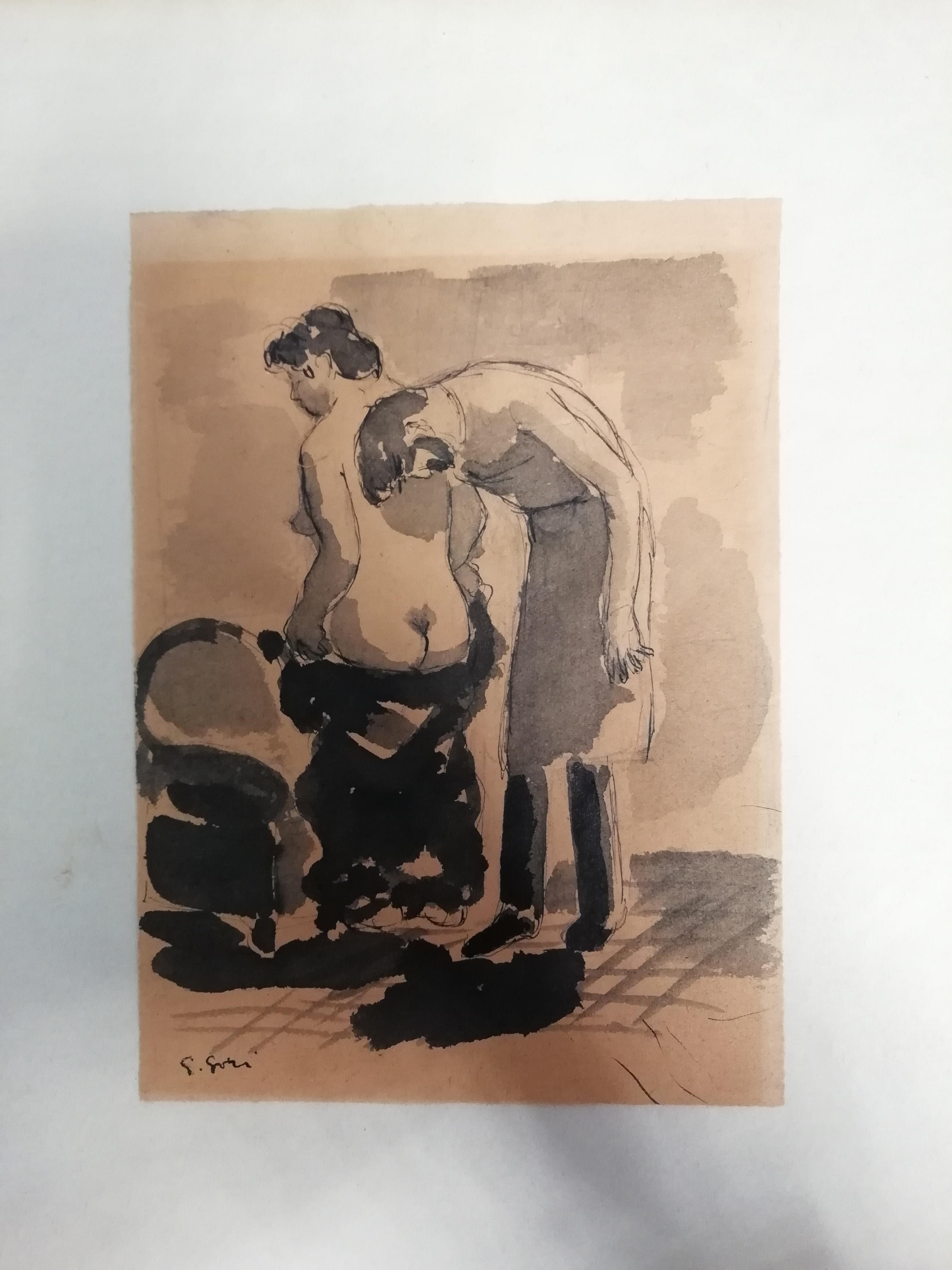 Eine Skizze des italienischen Künstlers Gino Paolo Gori mit Tinte auf Papier, die zwei badende Frauen darstellt. Die Zeichnung ist in der linken unteren Ecke signiert. Gerahmt mit einem Aufkleber der Galleria Donatello, Florenz.

Maße der bemalten