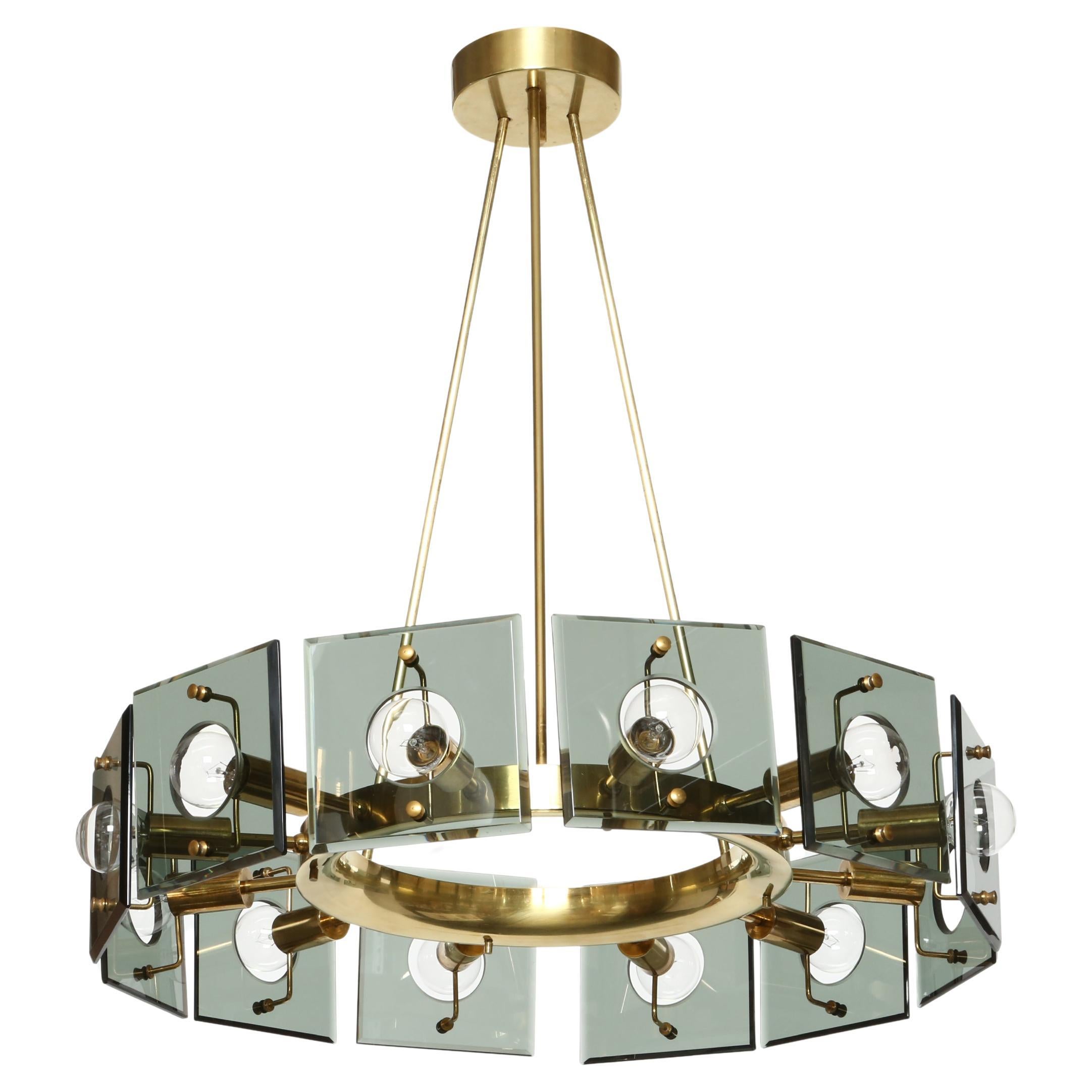 Lampadario Gino Paroldo, in ottone e vetro, Italia, anni '60