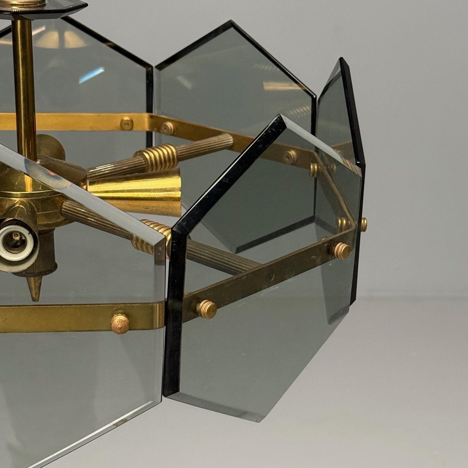 Metà XX secolo Gino Paroldo, Fontana Arte, Mid-Century Modern italiano, Lampadario, Ottone, Vetro in vendita