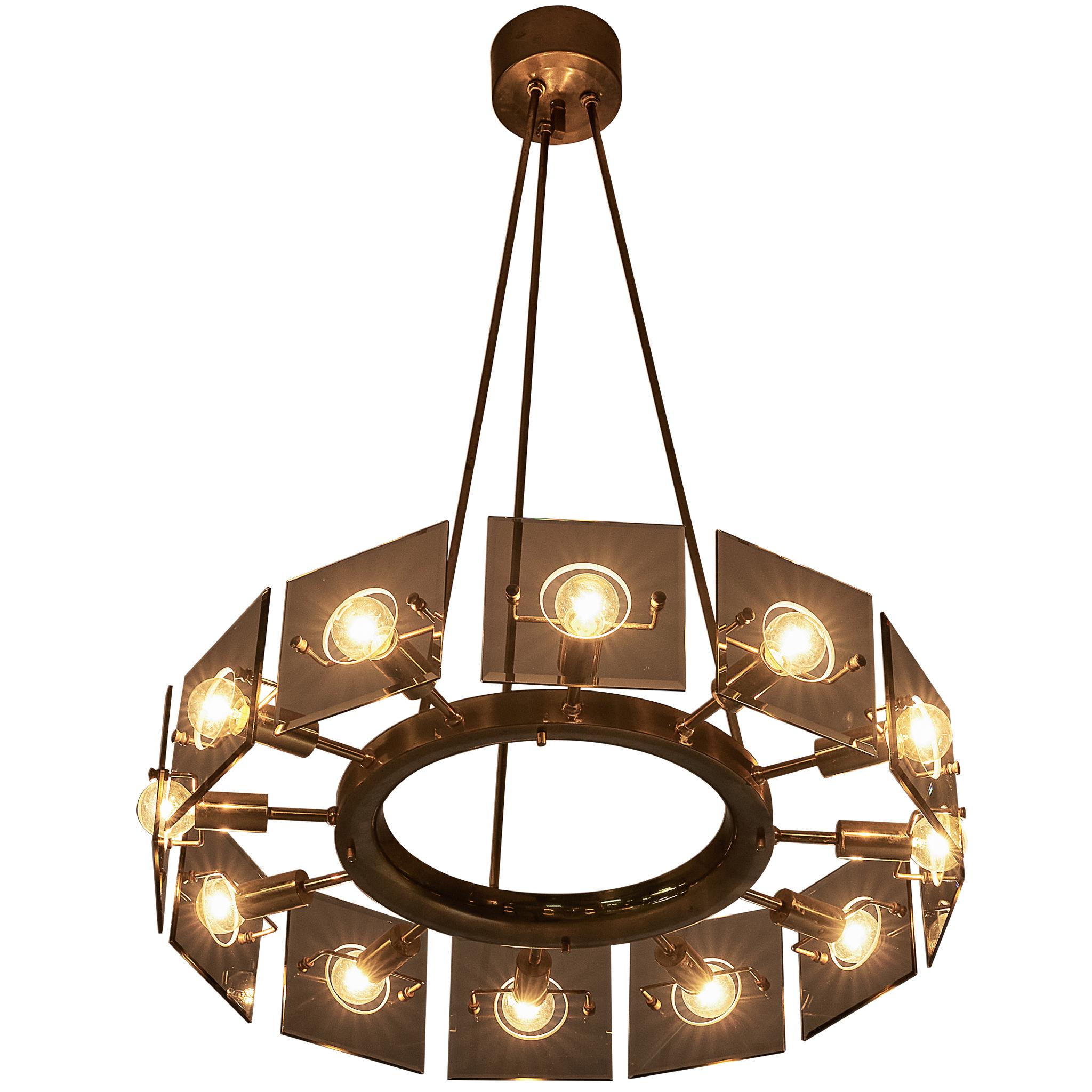 Gino Paroldo Mid-Century '4027' Chandelier in Brass and Sepia Glass