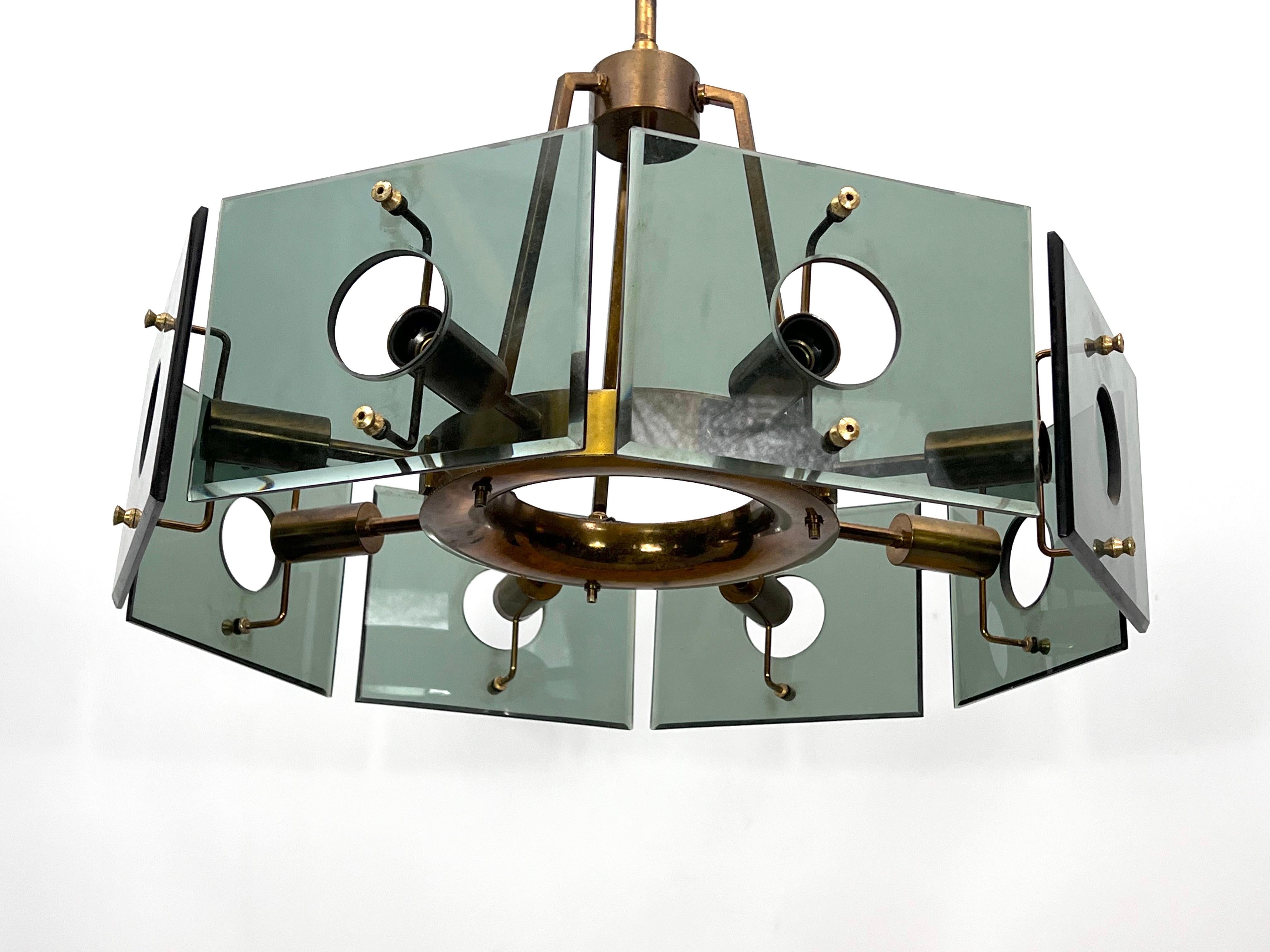 Gino Paroldo, Modernist Brass and Smoked Glass Chandelier, Italy, 1960s For Sale 4