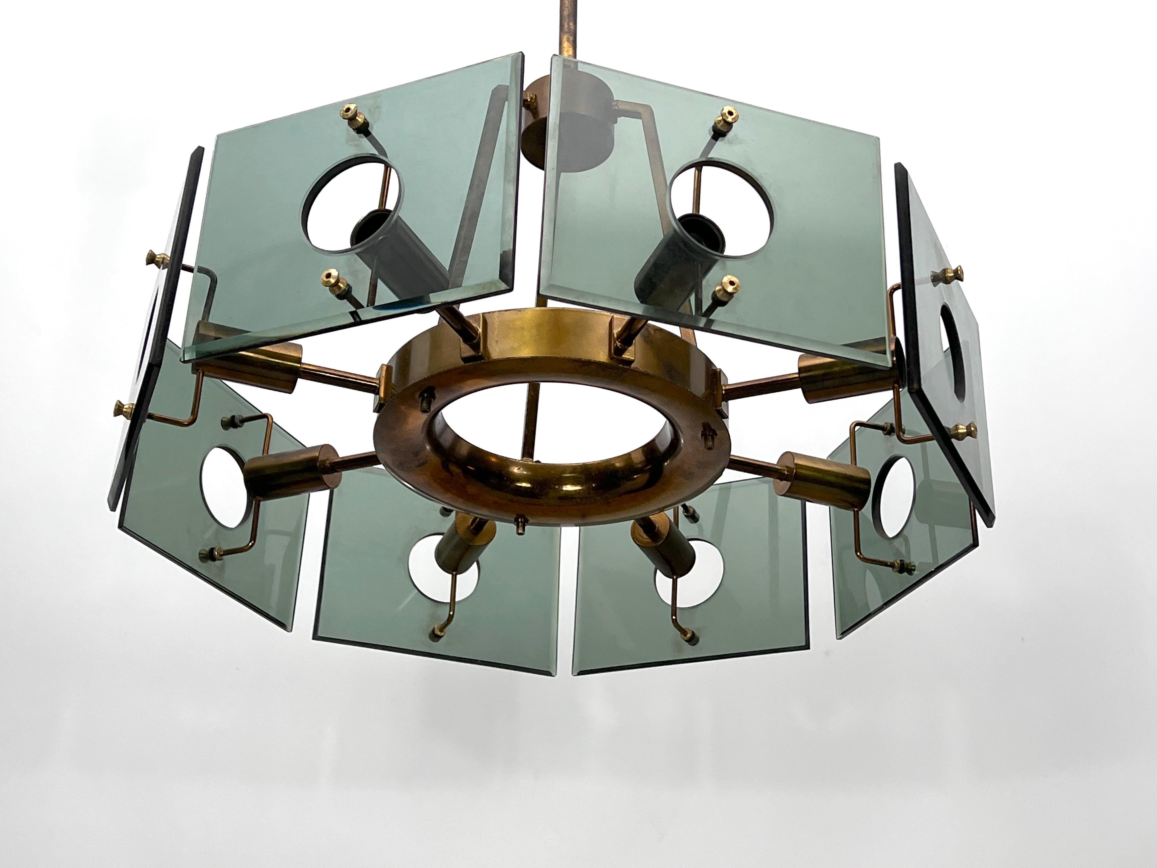 Gino Paroldo, Modernist Brass and Smoked Glass Chandelier, Italy, 1960s For Sale 5