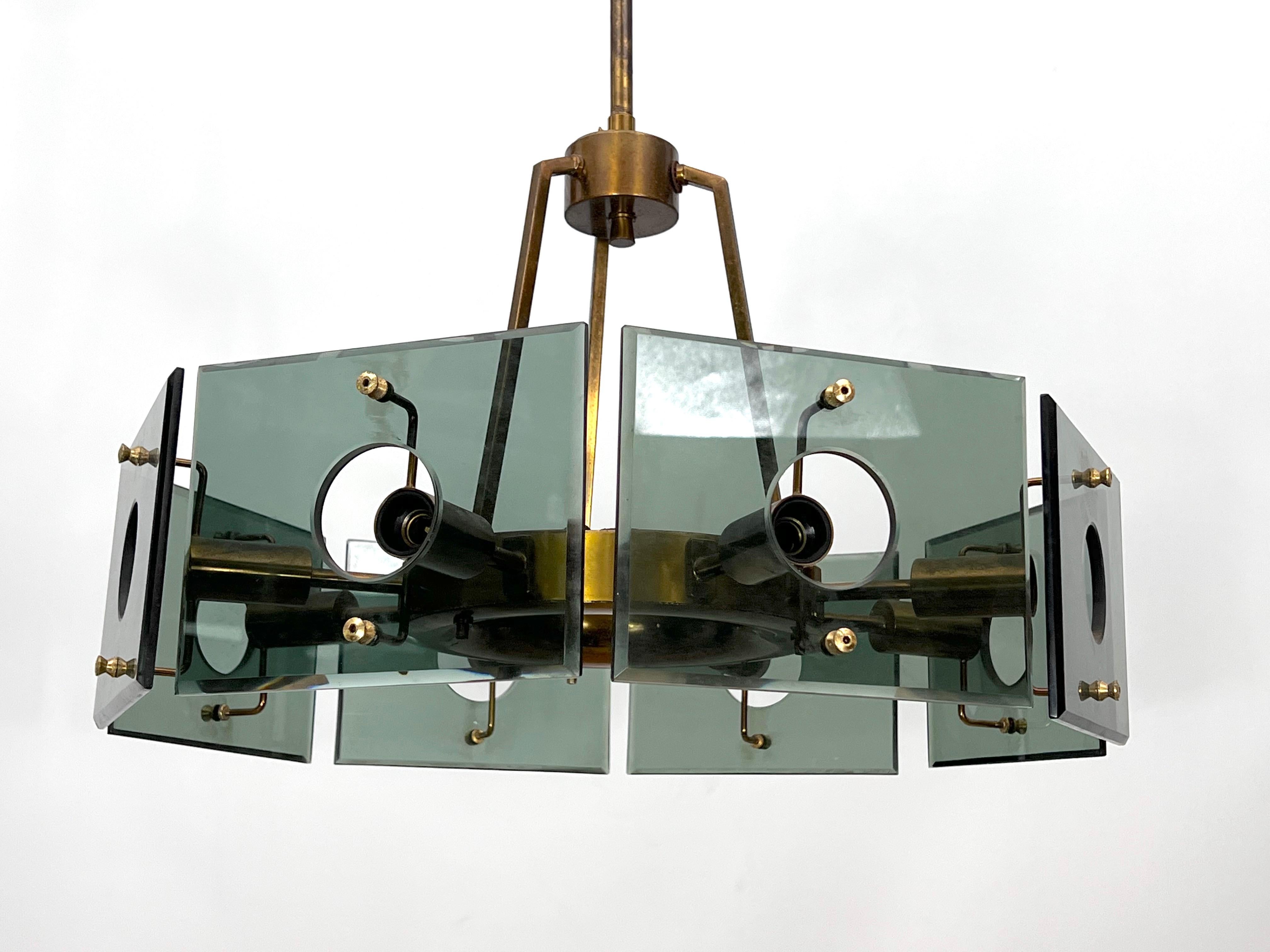 Gino Paroldo, Modernist Brass and Smoked Glass Chandelier, Italy, 1960s For Sale 3