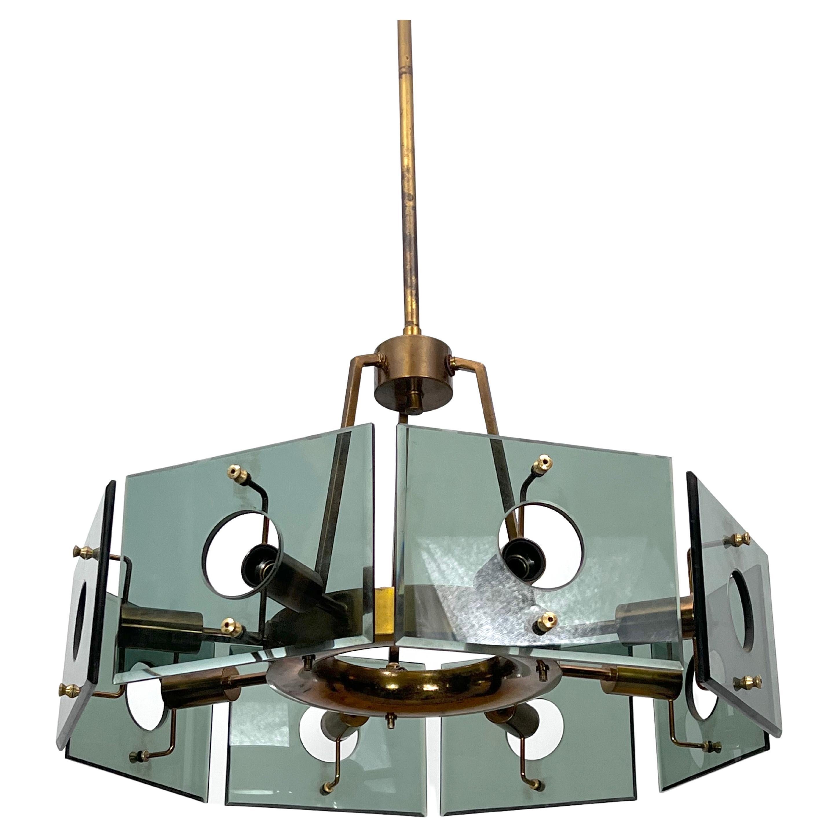 Gino Paroldo, Modernist Brass and Smoked Glass Chandelier, Italy, 1960s For Sale