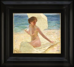 Nude woman on the beach. Luminist Italian painting.