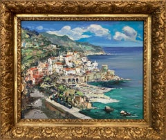 "Costa Amalfitana" Pintura al óleo postimpresionista italiana Vista de la costa Enmarcada