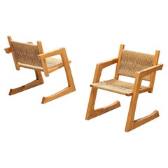 Retro Gino Russo Pair of Armchairs in Oak and Woven Sea Grass 