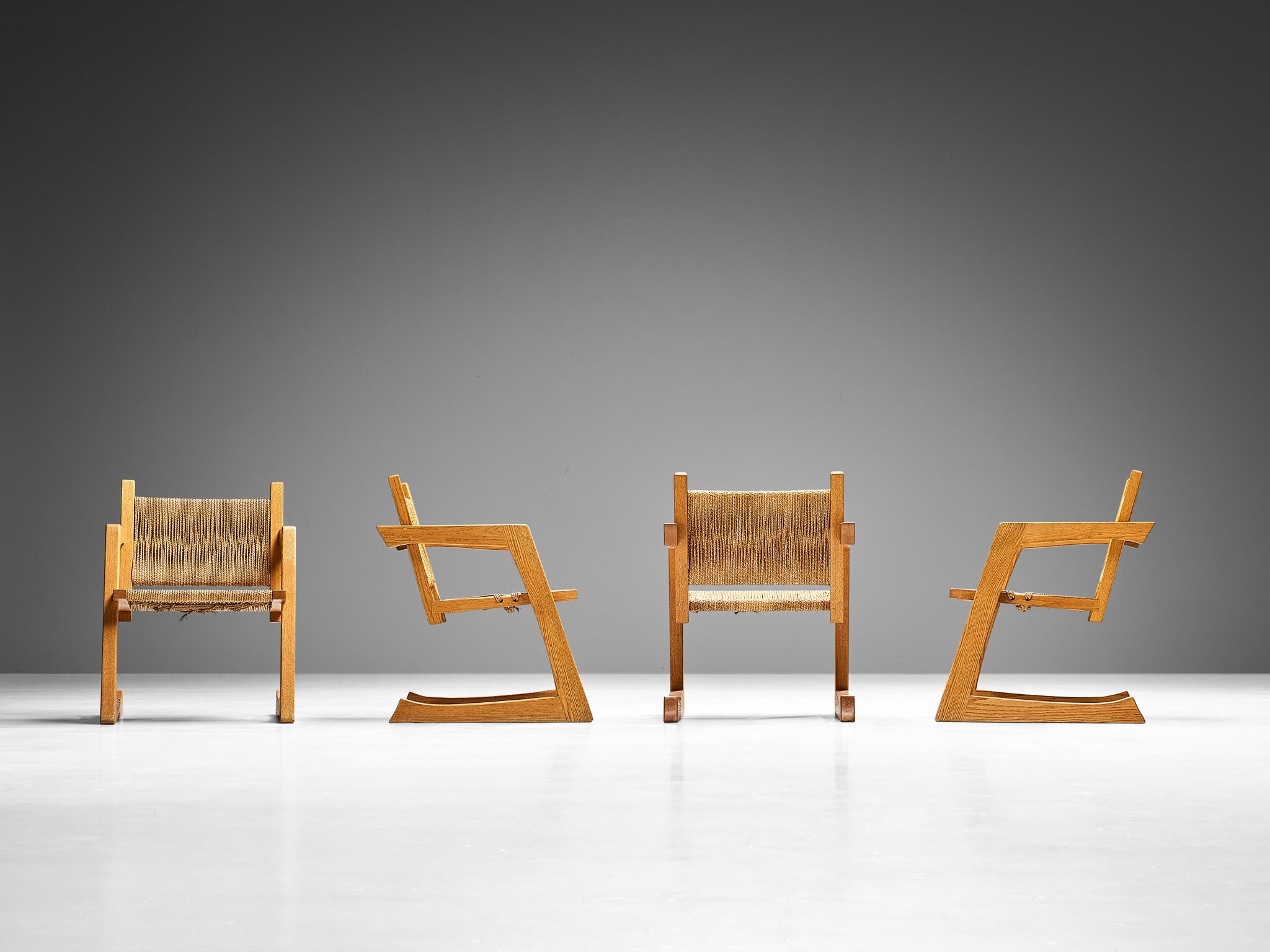 Gino Russo - Ensemble de quatre fauteuils en chêne et gazon de mer tissé  en vente 3