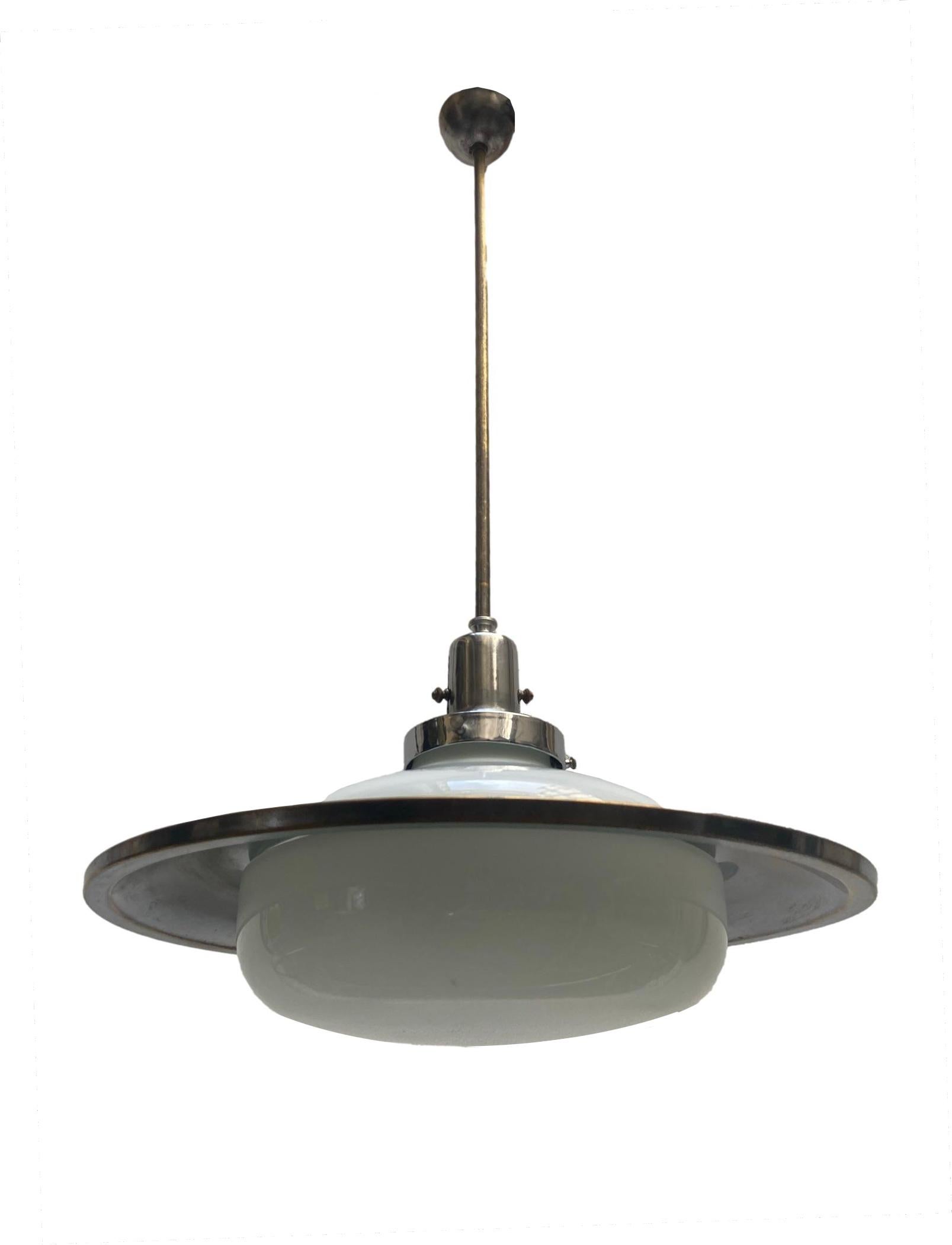 Rare suspension lamp in chromed brass and opal glass, design attributable to Gino Sarfatti. Dimmer on the lamp holder. Written engraved on the brass 