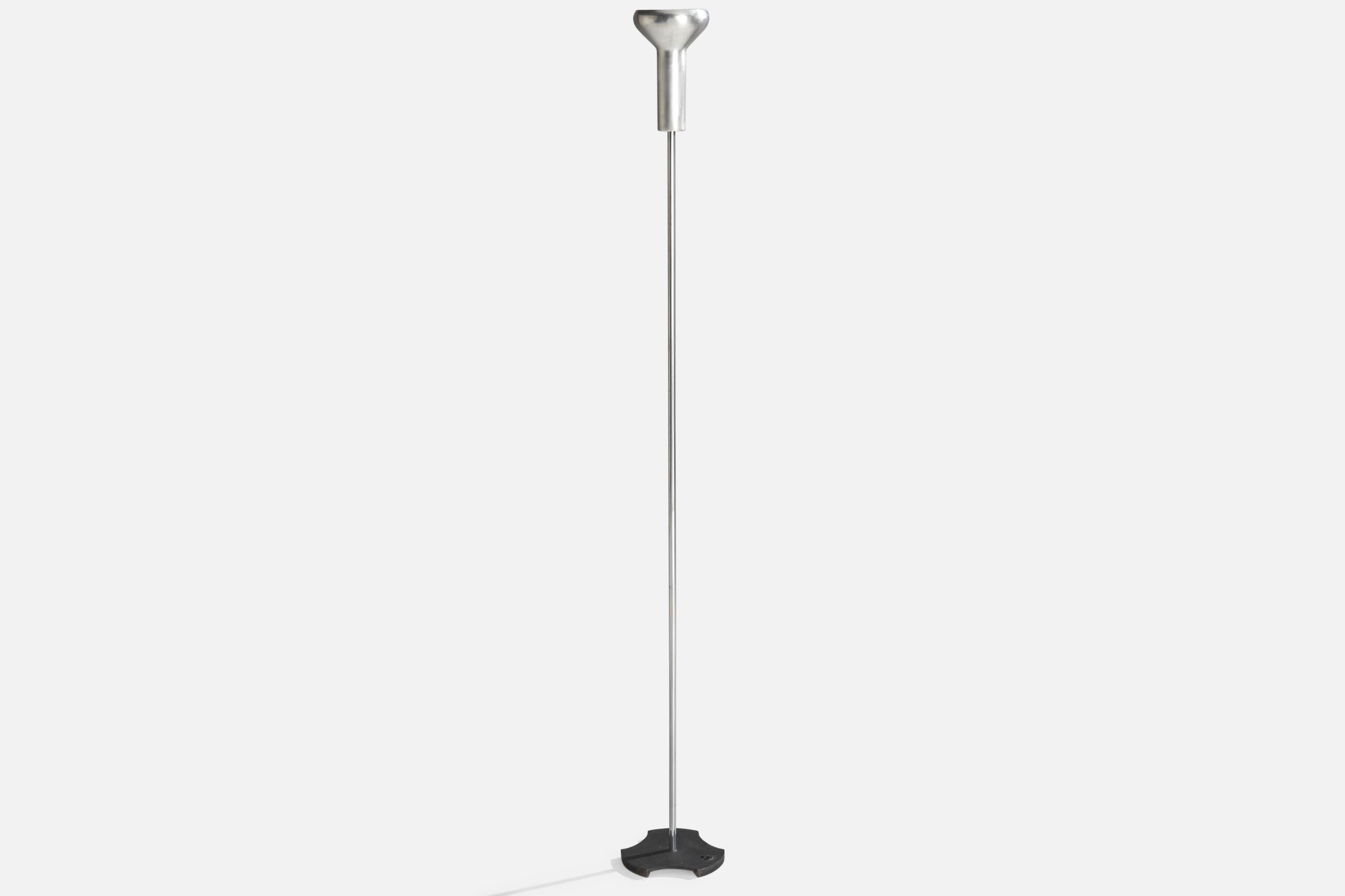 A chrome metal, aluminum and black-lacquered iron floor lamp designed by Gino Sarfatti and produced by Arteluce, Italy, c. 1950s.

Dimensions of Lamp with Shade (inches): 77” H x 8.75” Diameter

Bulb Specifications: E-26 Bulbs

Number of Sockets