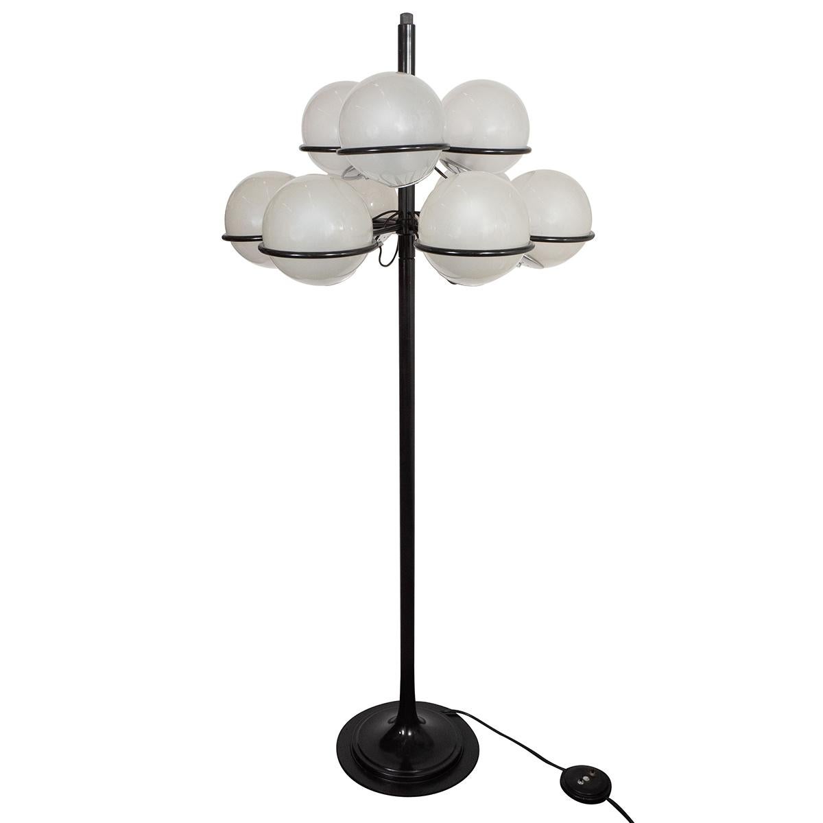 
Floor lamp model 1904 by Gino Sarfatti for Arteluce, Brescia, Italy circa 1966
This floor lamp features nine lights surrounded by frosted Murano glass globes. 
Italian, 1912–1985. Original switch included to allow various lighting arrangements.