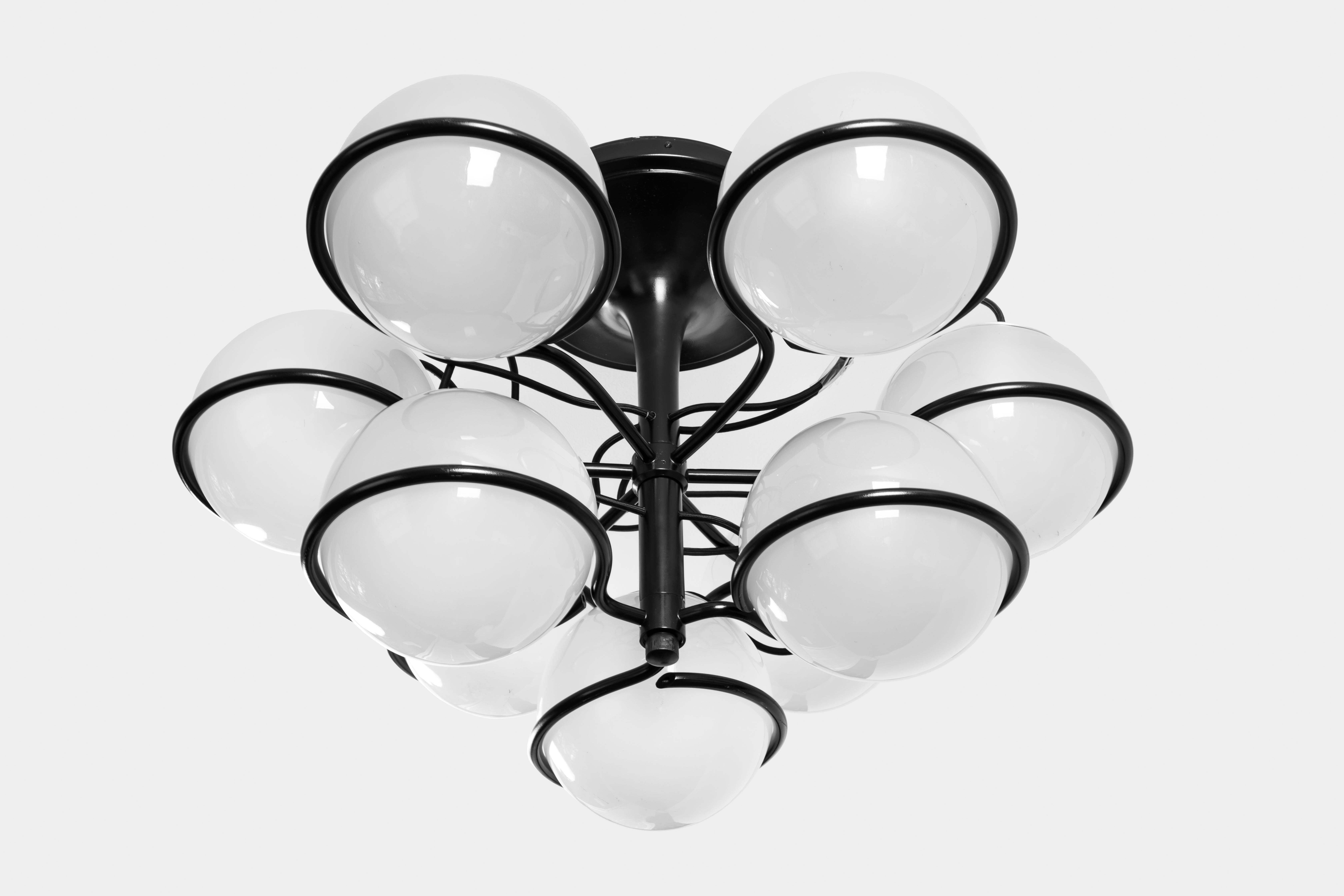 Gino Sarfatti for Arteluce black metal mounting structure holding two rows - six on top and three on the bottom - of blown frosted glass globes, Italy, 1963. Partial Arteluce label on rim of metal base and all original blown glass globes. An iconic