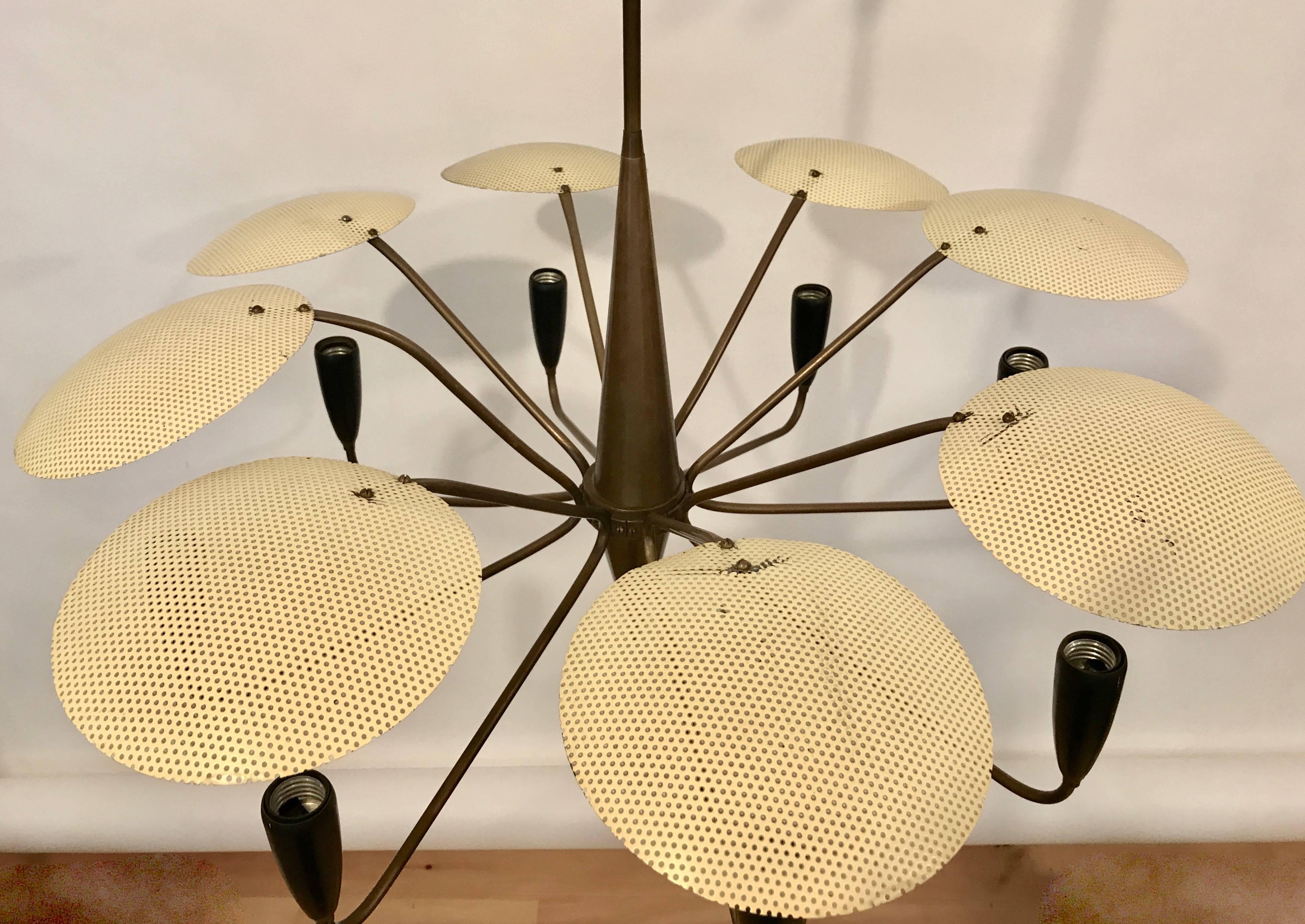 Enameled Gino Sarfatti for Arteluce Eight Arm Chandelier with Yellow Perforated Shades