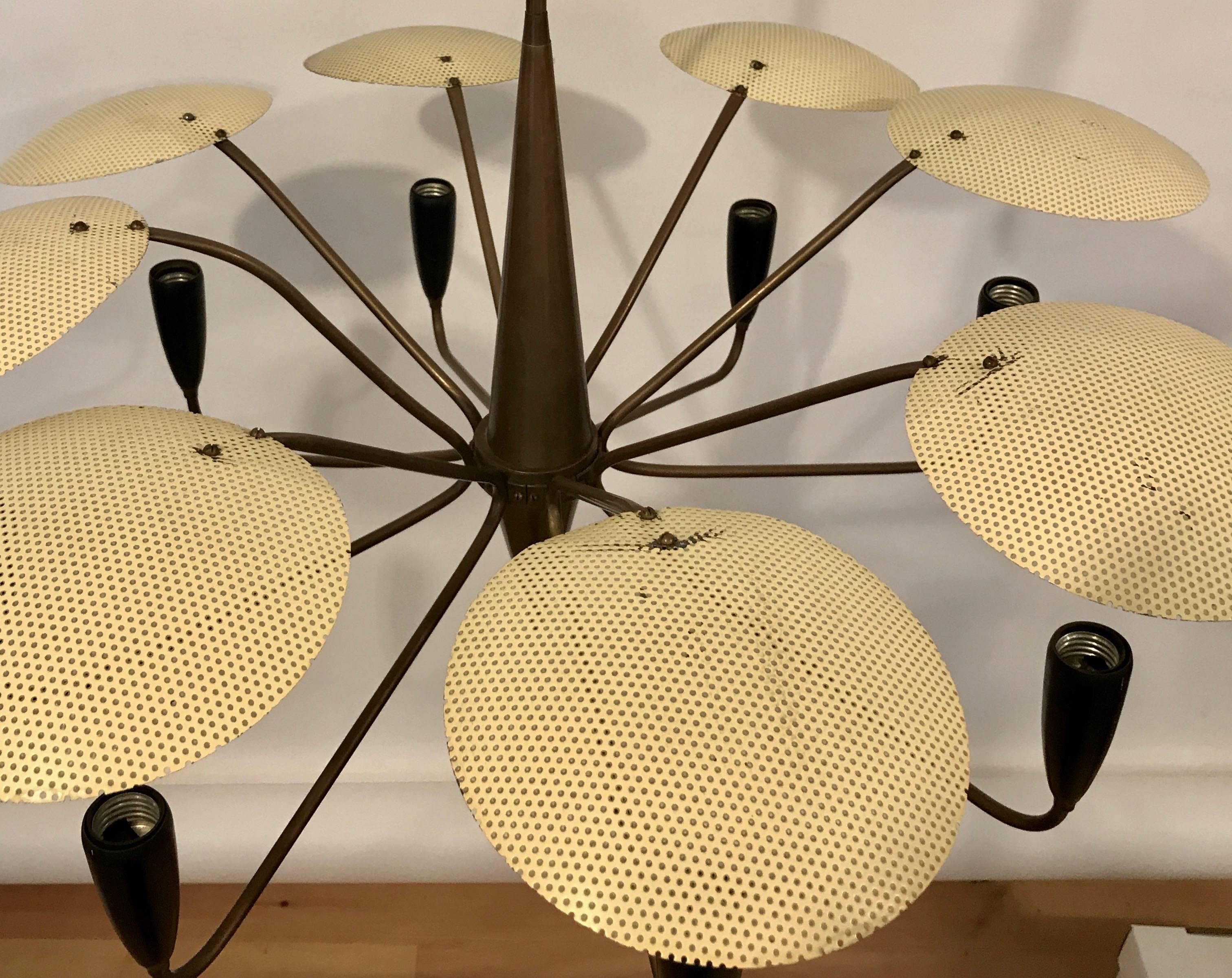 Gino Sarfatti for Arteluce Eight Arm Chandelier with Yellow Perforated Shades In Good Condition In Bainbridge, NY