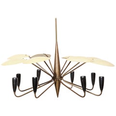 Arredoluce Eight Arm Chandelier with Yellow Perforated Shades, 1950
s Arredoluce Eight Arm Chandelier with Yellow Perforated Shades, 1950
s