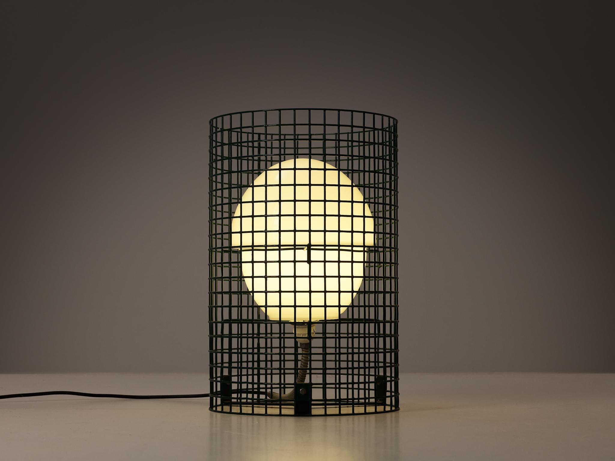 Gino Sarfatti for Arteluce, floor lamp model 1102/D  'garden light', lacquered metal, glass, Italy, 1975 

The frame of this eccentric light sculpture is executed in a green colored metal mesh, a material that has frequently been used for garden