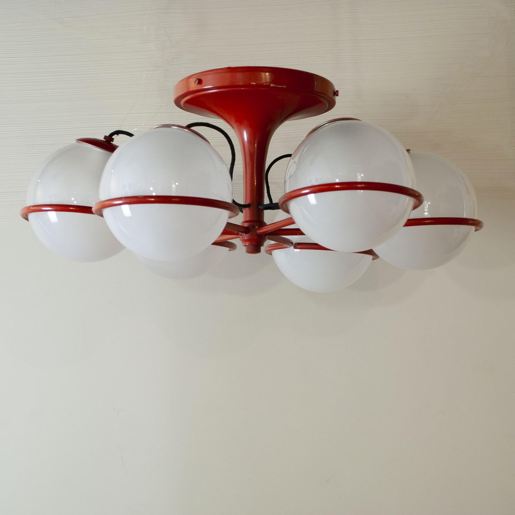 2042/6 Ceiling lamp in brown and red metal with sandblasted glass shades by Sarfatti for Arteluce, 1963
In 1939 he rented the shop in Corso Littorio, later Corso Matteotti, where he remained until 1962.

After the first bombing on Milan, the