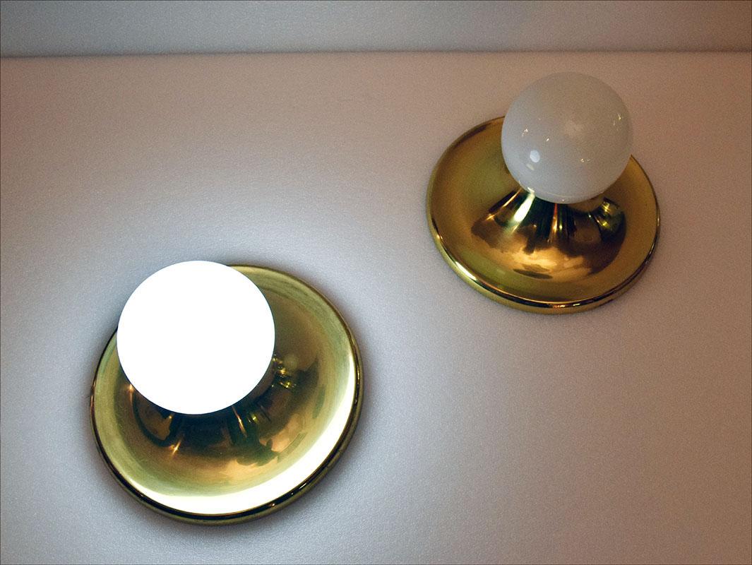 Italian Achille Castiglioni for Flos Pair of Large Wall Lamps in Brass and Glass, 1970s