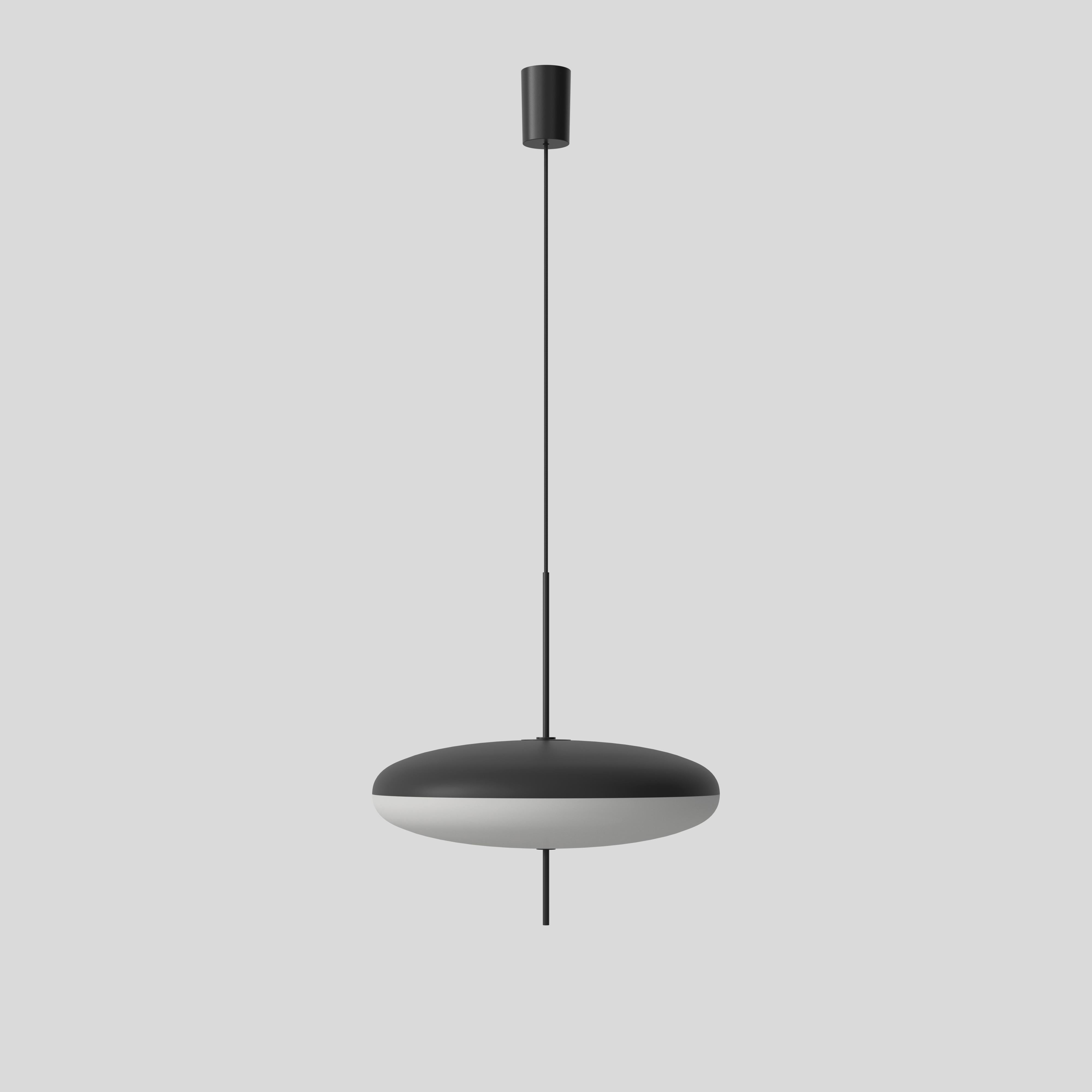 Gino Sarfatti lamp model 2065.
Black white diffuser, black hardware, black cable.
Manufactured by Astep

Model 2065
Design by Gino Sarfatti
The 2065 is made of two joined opaline methacrylate saucer-shaped diffusers suspended from the ceiling