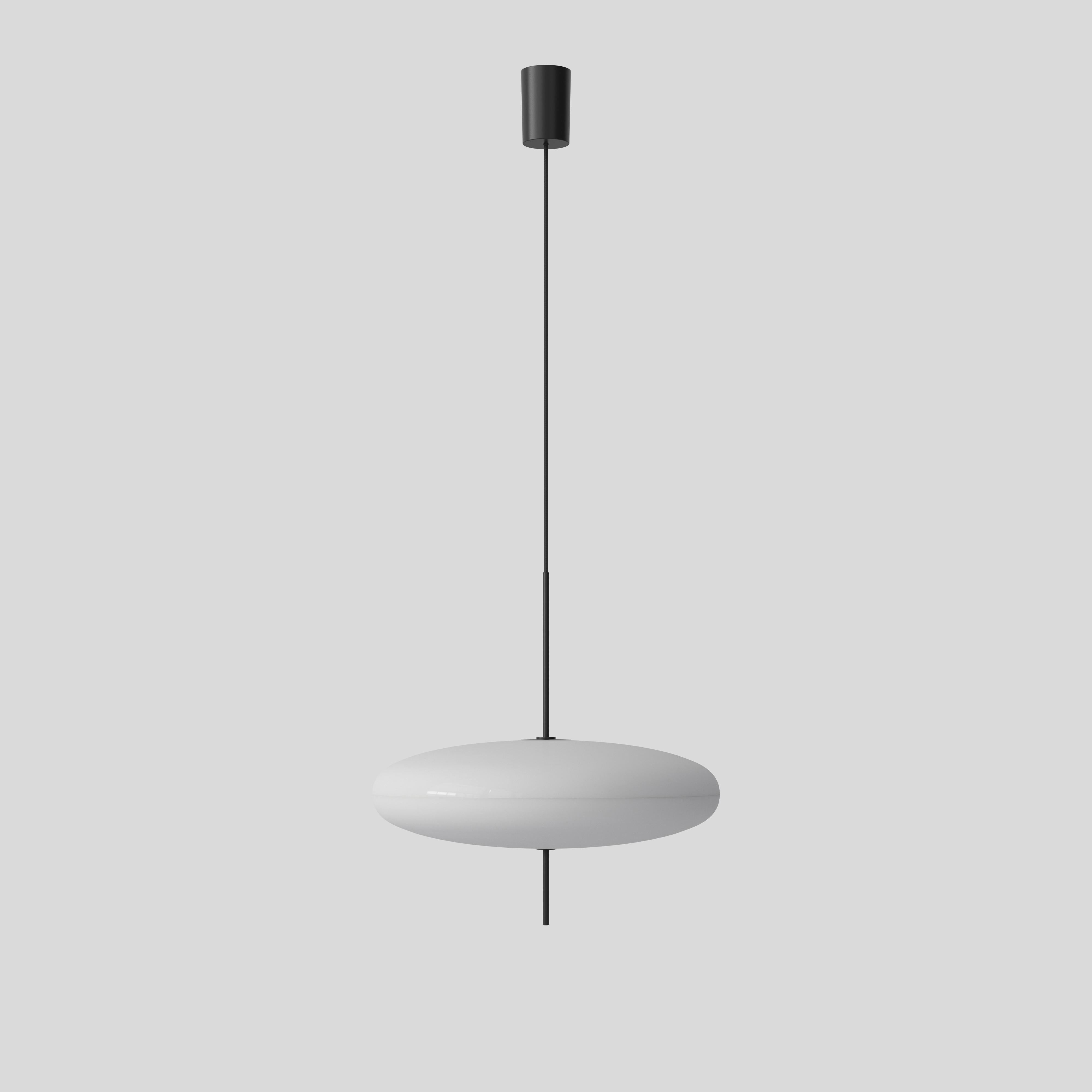 Gino Sarfatti lamp model 2065.
White diffuser, black hardware, black cable.
Manufactured by Astep

Model 2065
Design by Gino Sarfatti
The 2065 is made of two joined opaline methacrylate saucer-shaped diffusers suspended from the ceiling with a