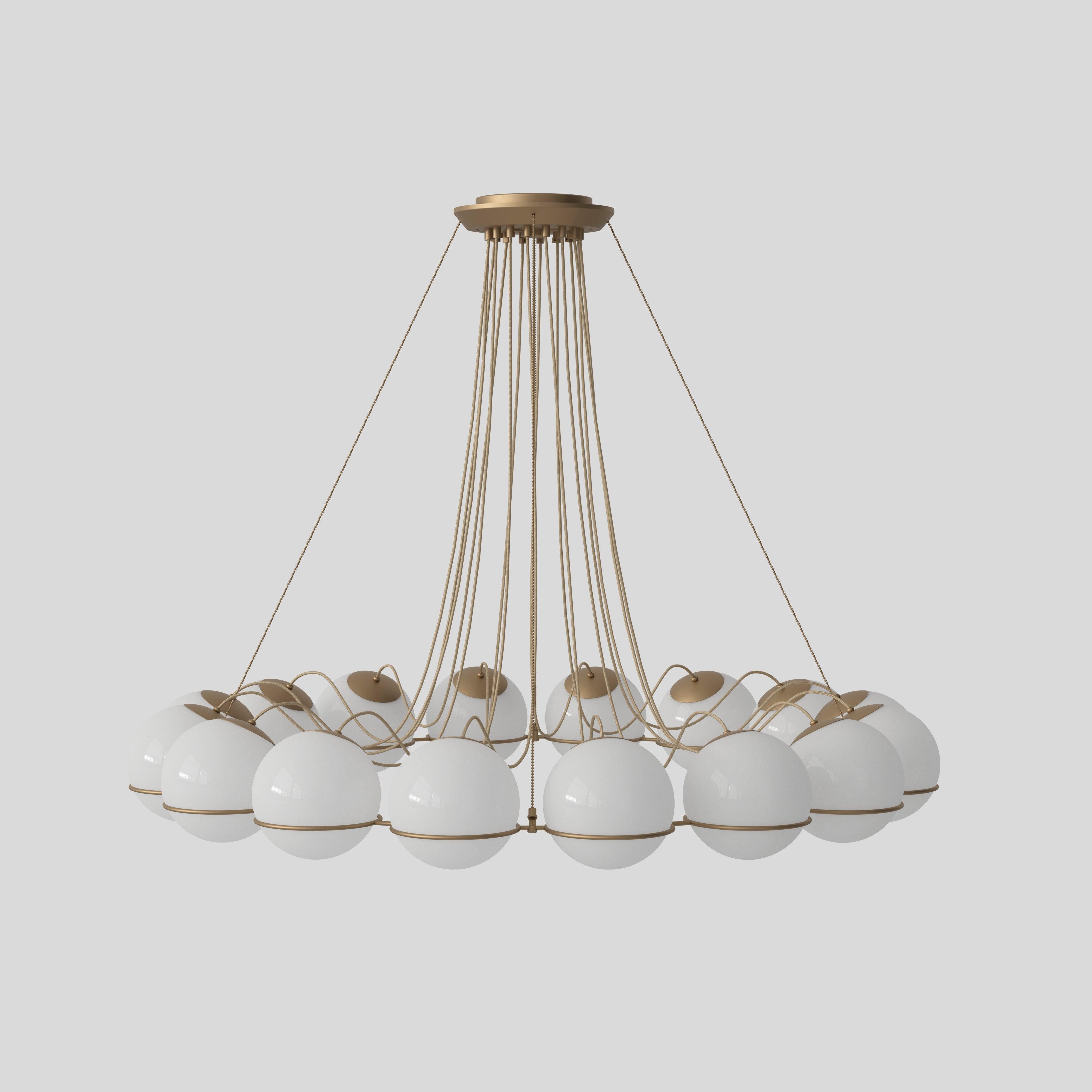 Model 2109
Design by Gino Sarfatti
The Le Sfere chandelier is composed of a circular array of blown opaline glass spheres. Each sphere is held in place by a large Black or Champagne painted aluminium ring-structure. Each ring has a small cut,