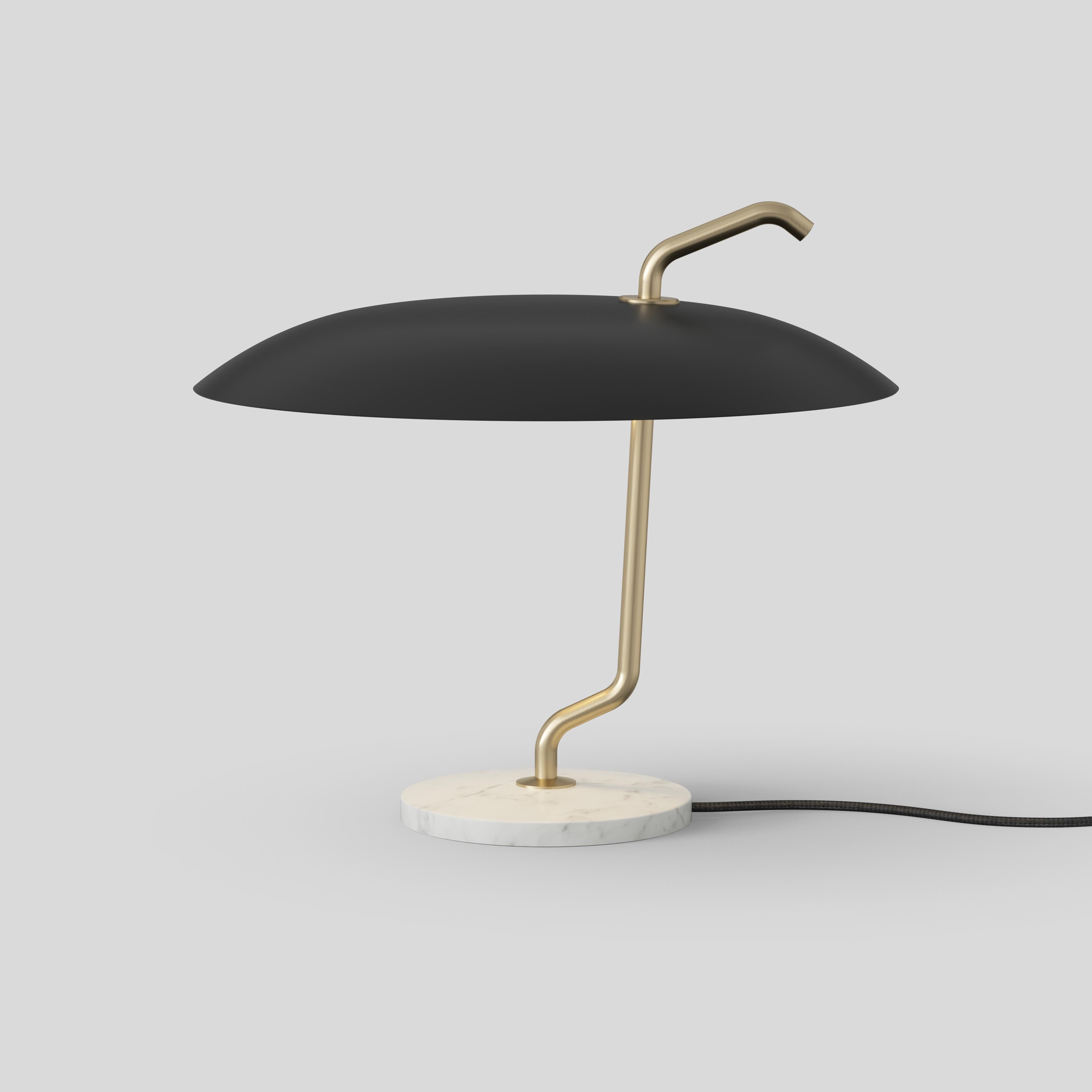 Gino Sarfatti lamp model 537.
Brass structure, black reflector, white marble.
Manufactured by Astep

Model 537
Design by Gino Sarfatti
In its refined simplicity, Model 537 stands out owing to the combination of rich materials and ingenious,