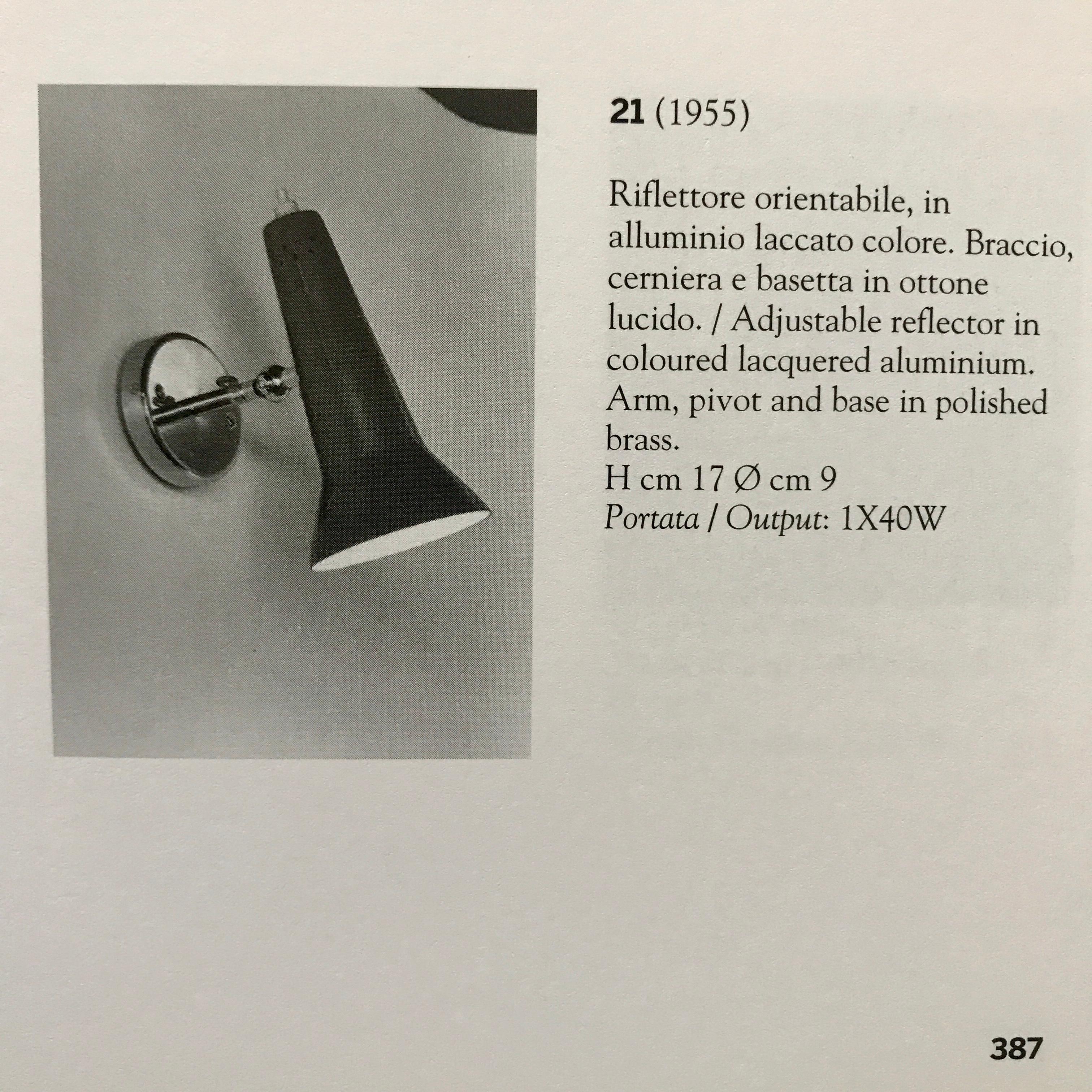 Gino Sarfatti model #21 red perforated sconces for Arteluce, circa 1955. Executed in red painted perforated aluminum and brass. Adjustable shade with pivoting arm. Original unmodified European backplate. The simplicity of Sarfatti's design and the