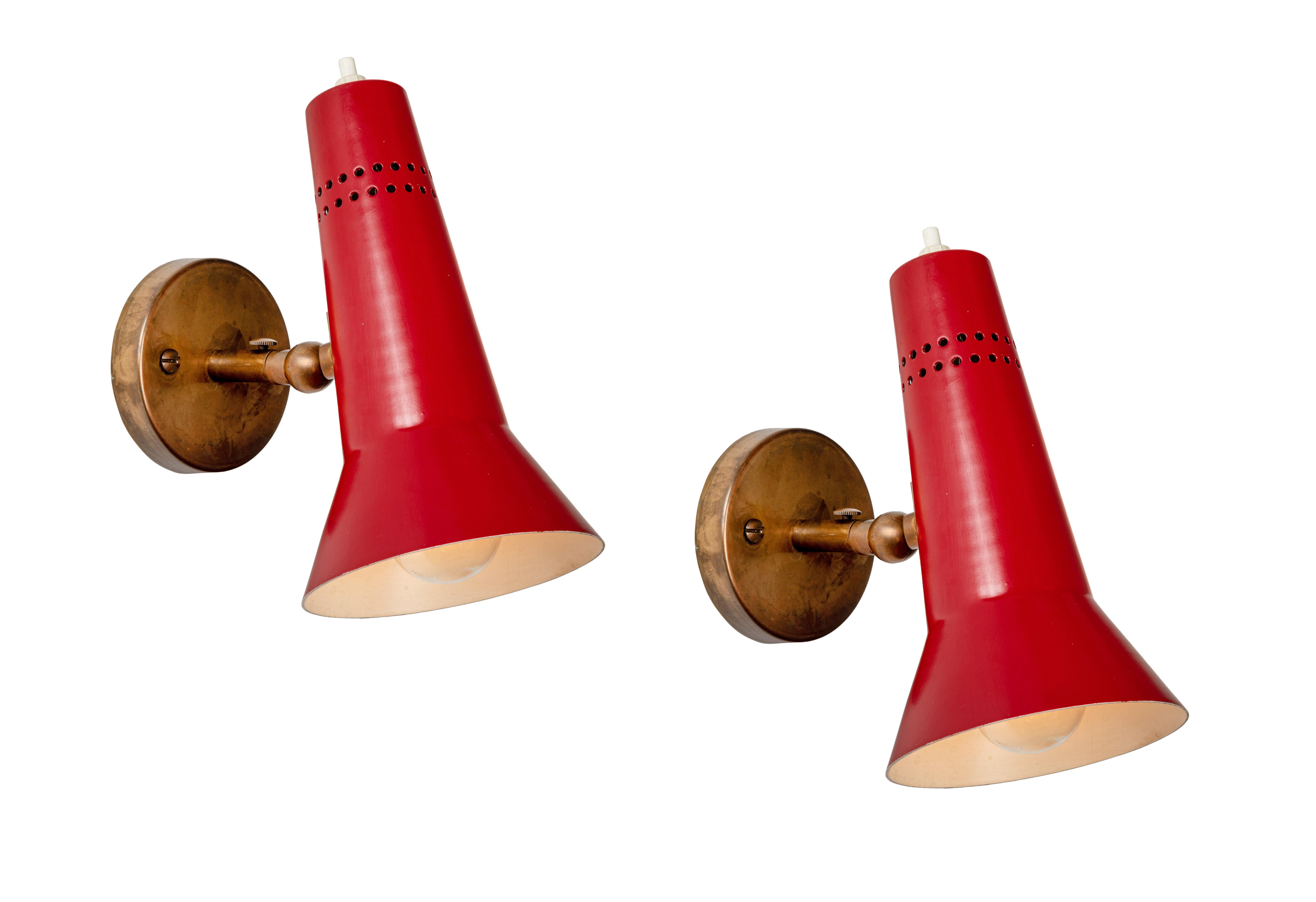 Mid-Century Modern Gino Sarfatti Model #21 Red Perforated Sconces for Arteluce, circa 1955 For Sale