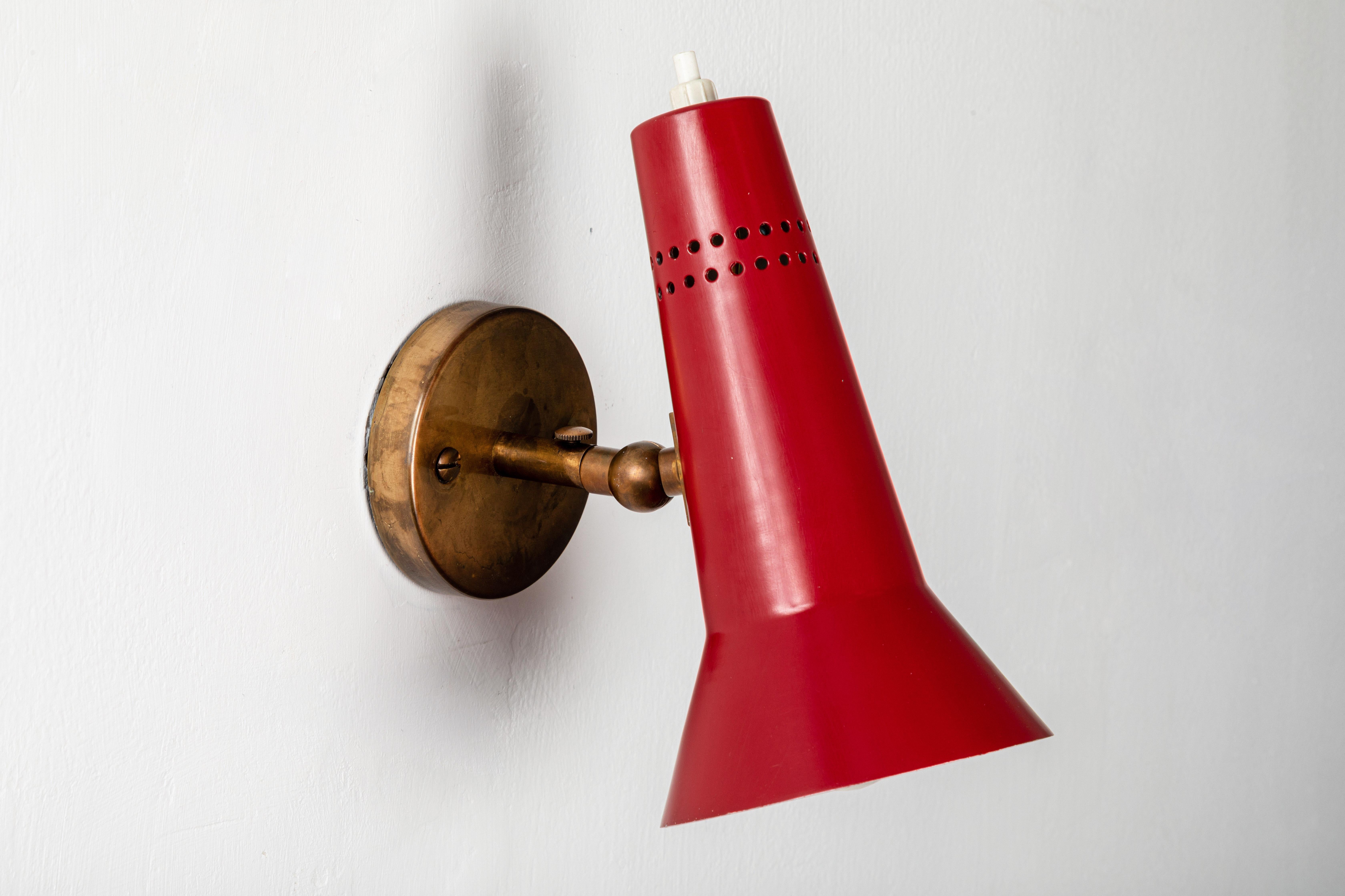 Painted Gino Sarfatti Model #21 Red Perforated Sconces for Arteluce, circa 1955 For Sale