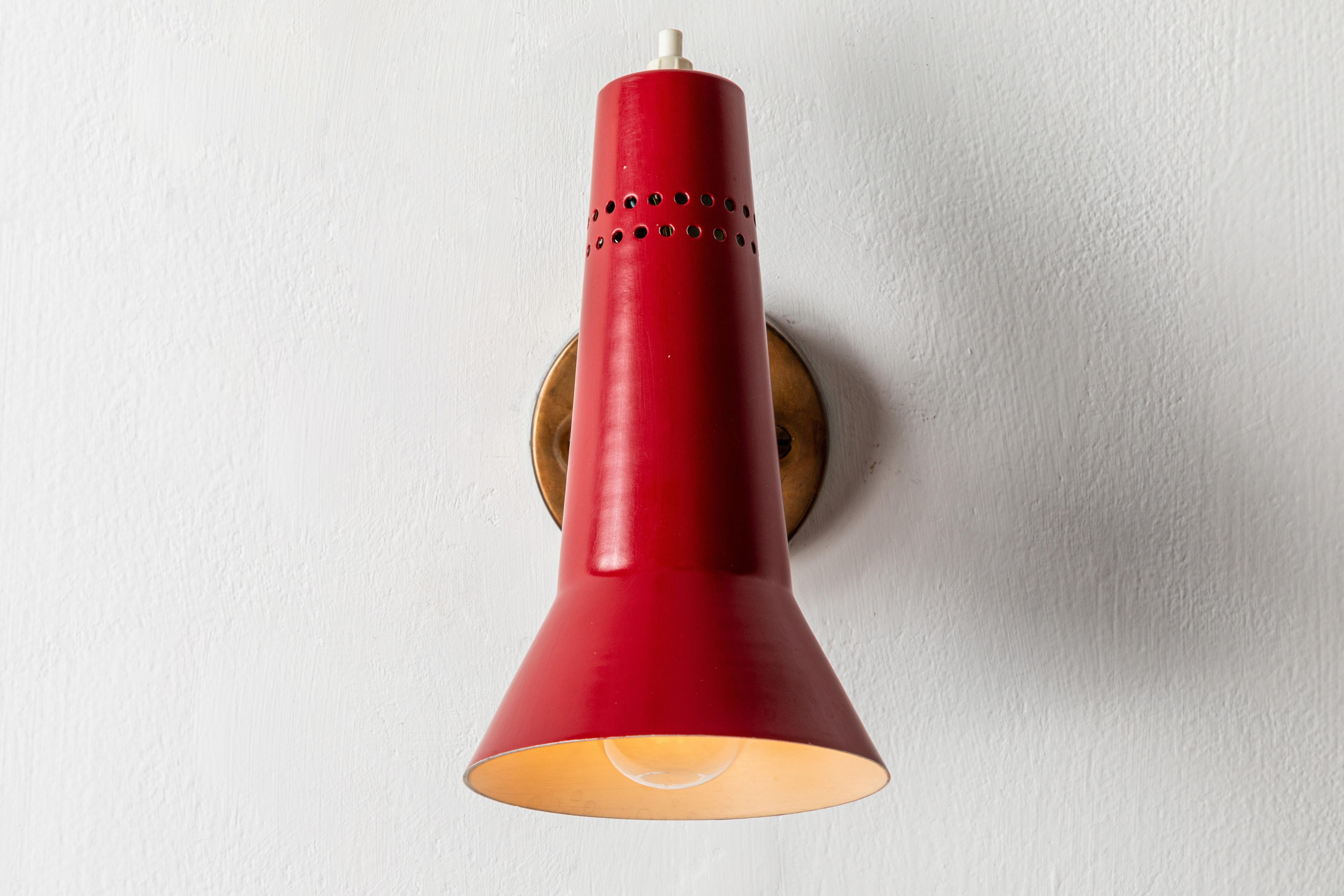 Mid-20th Century Gino Sarfatti Model #21 Red Perforated Sconces for Arteluce, circa 1955 For Sale