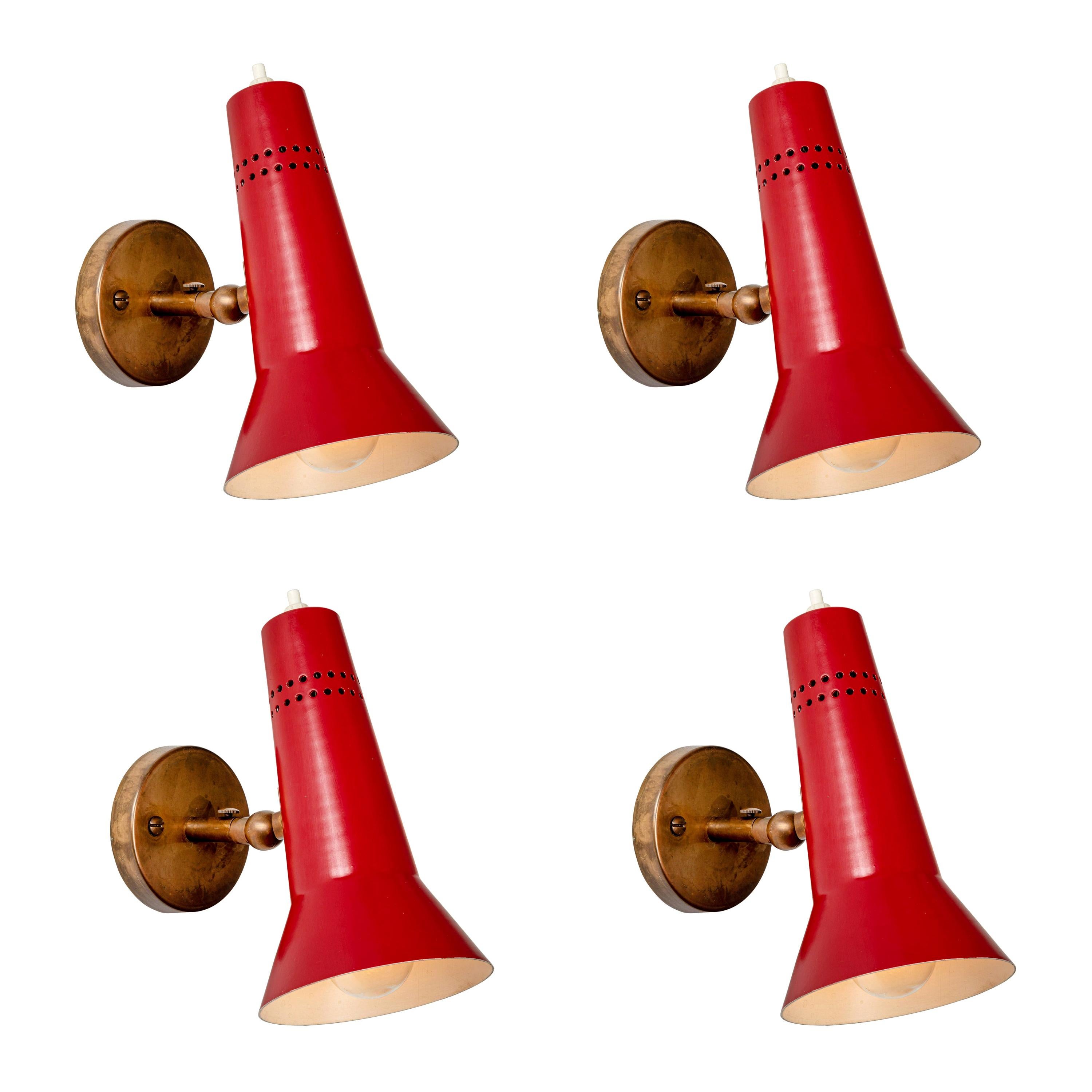 Gino Sarfatti Model #21 Red Perforated Sconces for Arteluce, circa 1955 For Sale