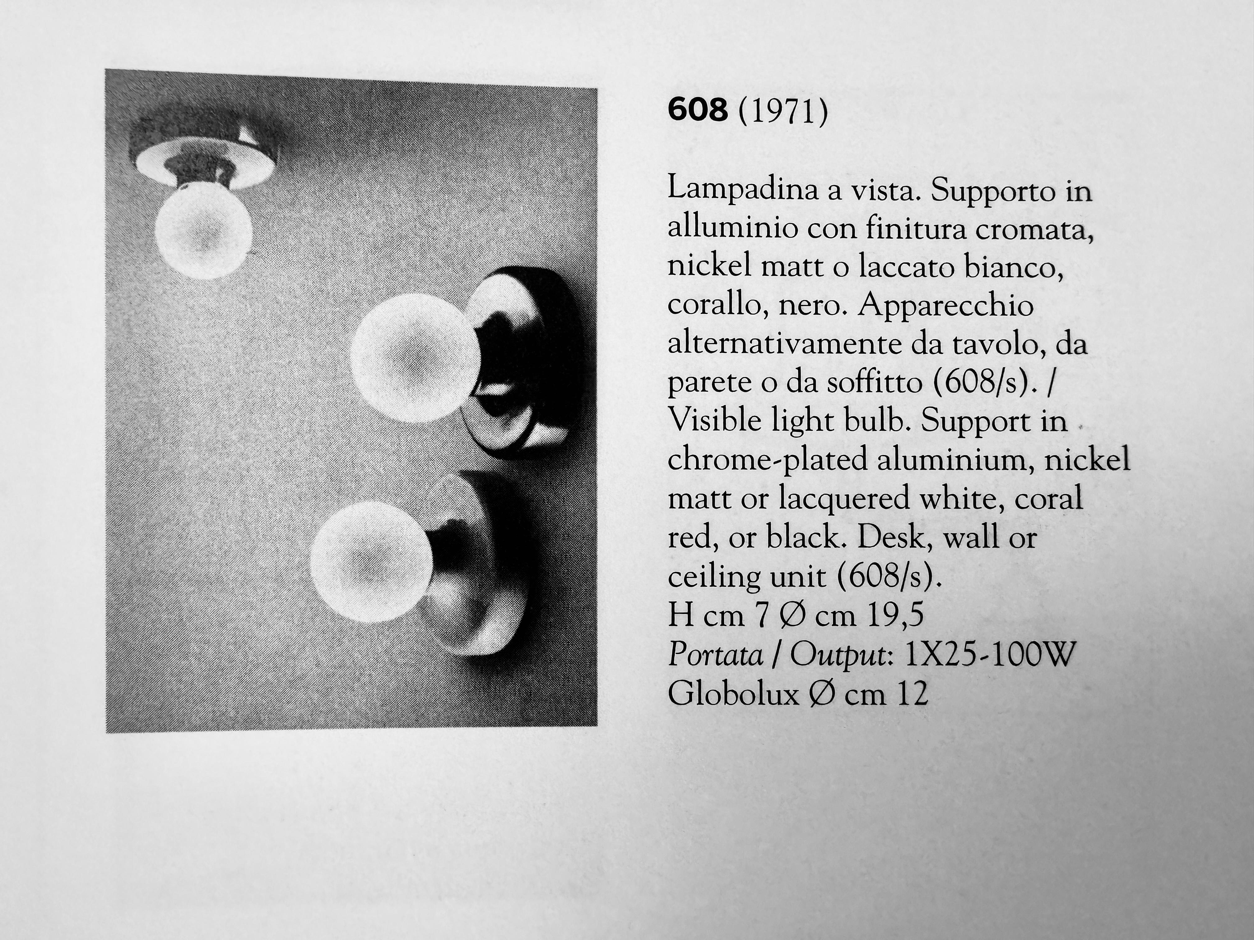 Gino Sarfatti Modell #608 Wand- oder Deckenleuchte für Arteluce ca. 1971

Äußerst seltene Wand- oder Deckenleuchte Modell #608, entworfen von Gino Sarfatti und hergestellt von Arteluce, Italien 1971. Dieses minimalistische Design von Sarfatti ist
