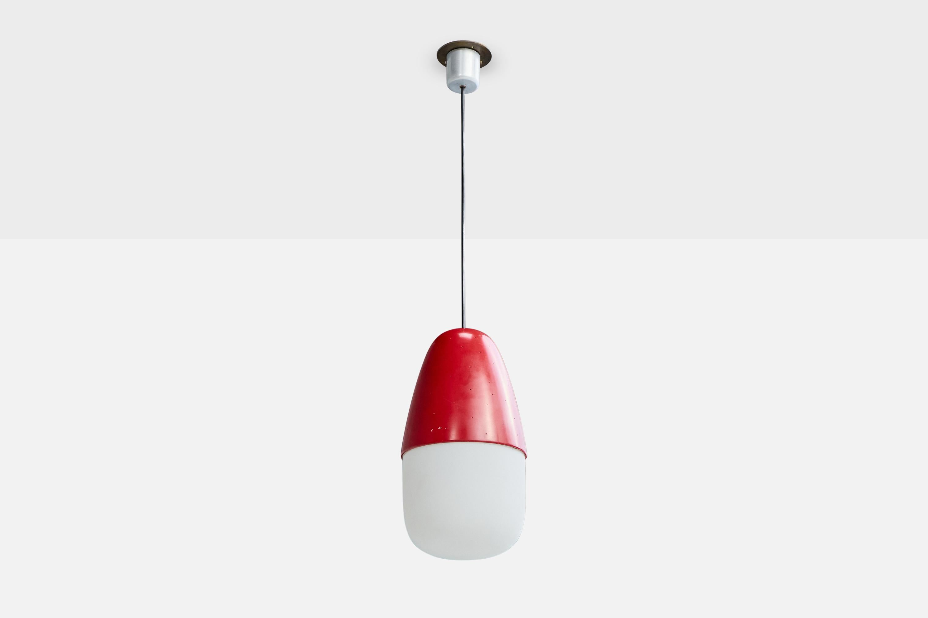 A red-lacquered metal and white opaline glass pendant light, model 2079, designed by Gino Sarfatti and produced by Arteluce, Italy, c. 1950s.

Minor loss of red present to metal

Wear consistent with age and use

Overall Dimensions (inches): 38.0