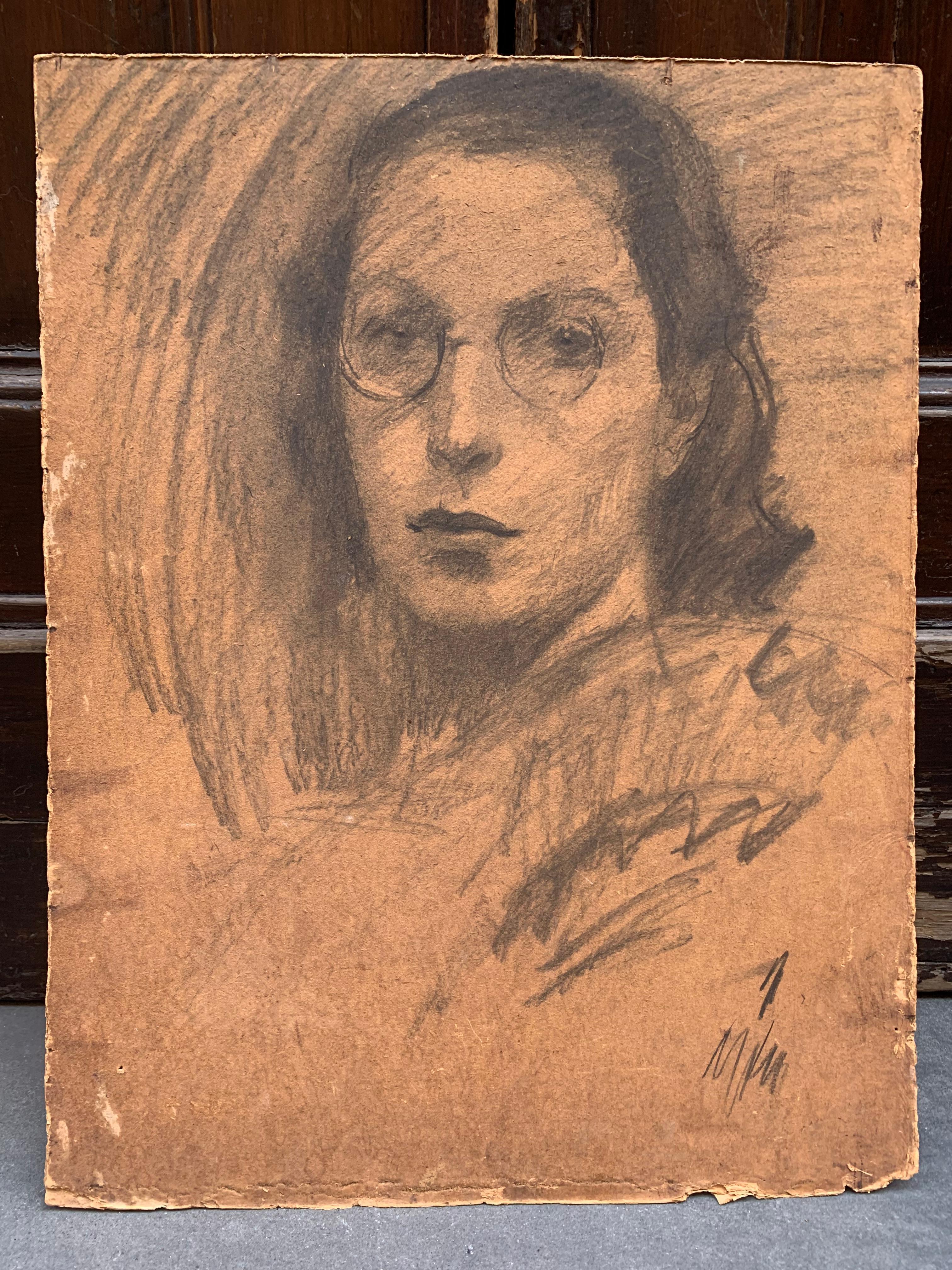 Girl with glasses. Circa 1920. Double portrait. Spalmach Gino (Rome, 1900-1966) - Art Deco Painting by Gino Spalmach