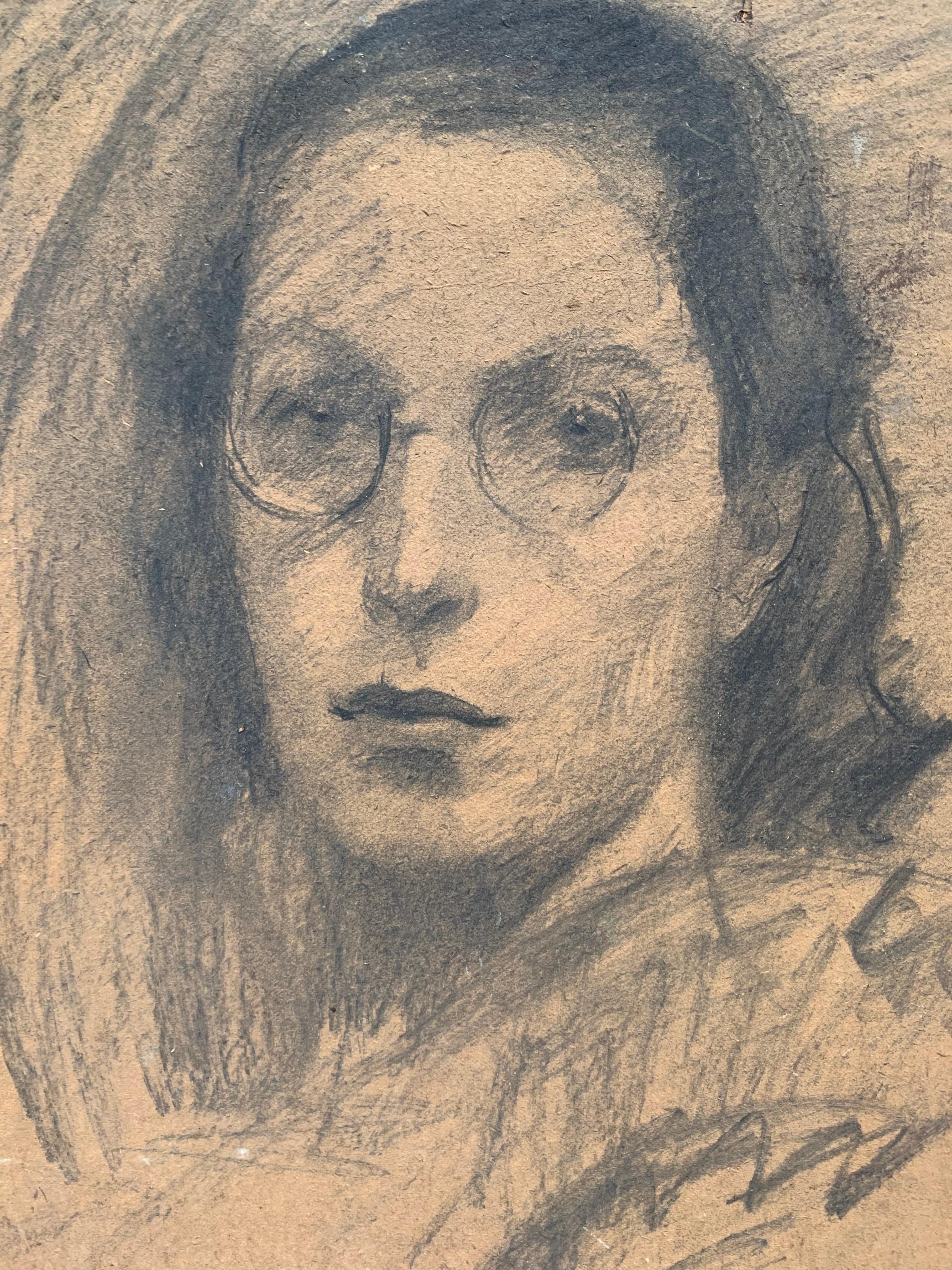 Girl with glasses. About 1920-30. Double portrait. Spalmach Gino
(Rome, 1900 - 1966). Painted on two sides: on one side the young woman with glasses is represented, in charcoal/pencil monochrome; on the other side - a lively and whimsical oil